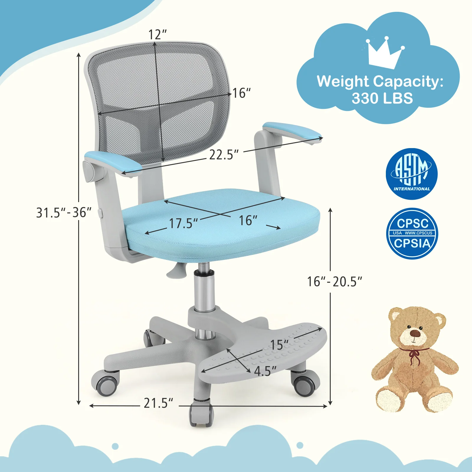Kids Desk Chair, Adjustable Height, Armrest, Footrest, Blue - Image 5