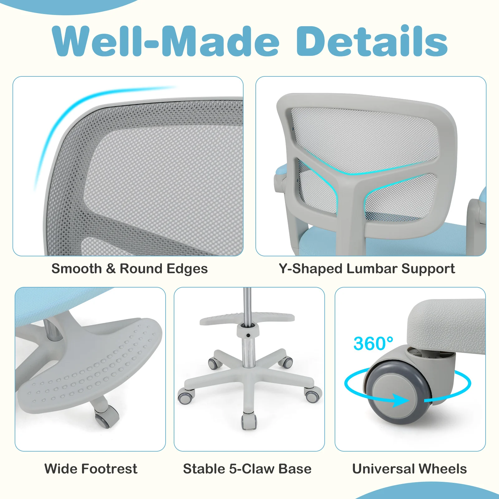 Kids Desk Chair, Adjustable Height, Armrest, Footrest, Blue - Image 8