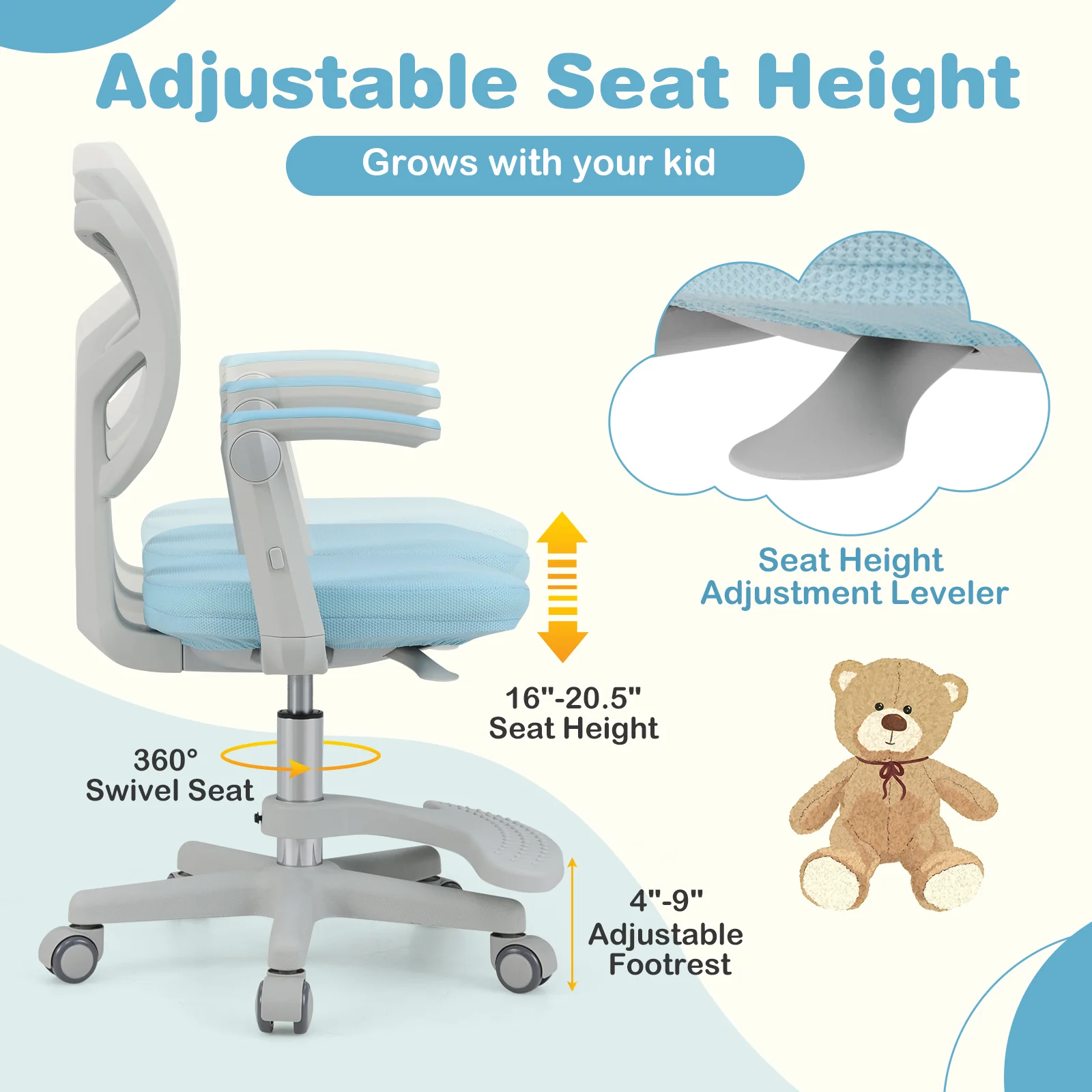 Kids Desk Chair, Adjustable Height, Armrest, Footrest, Blue - Image 9
