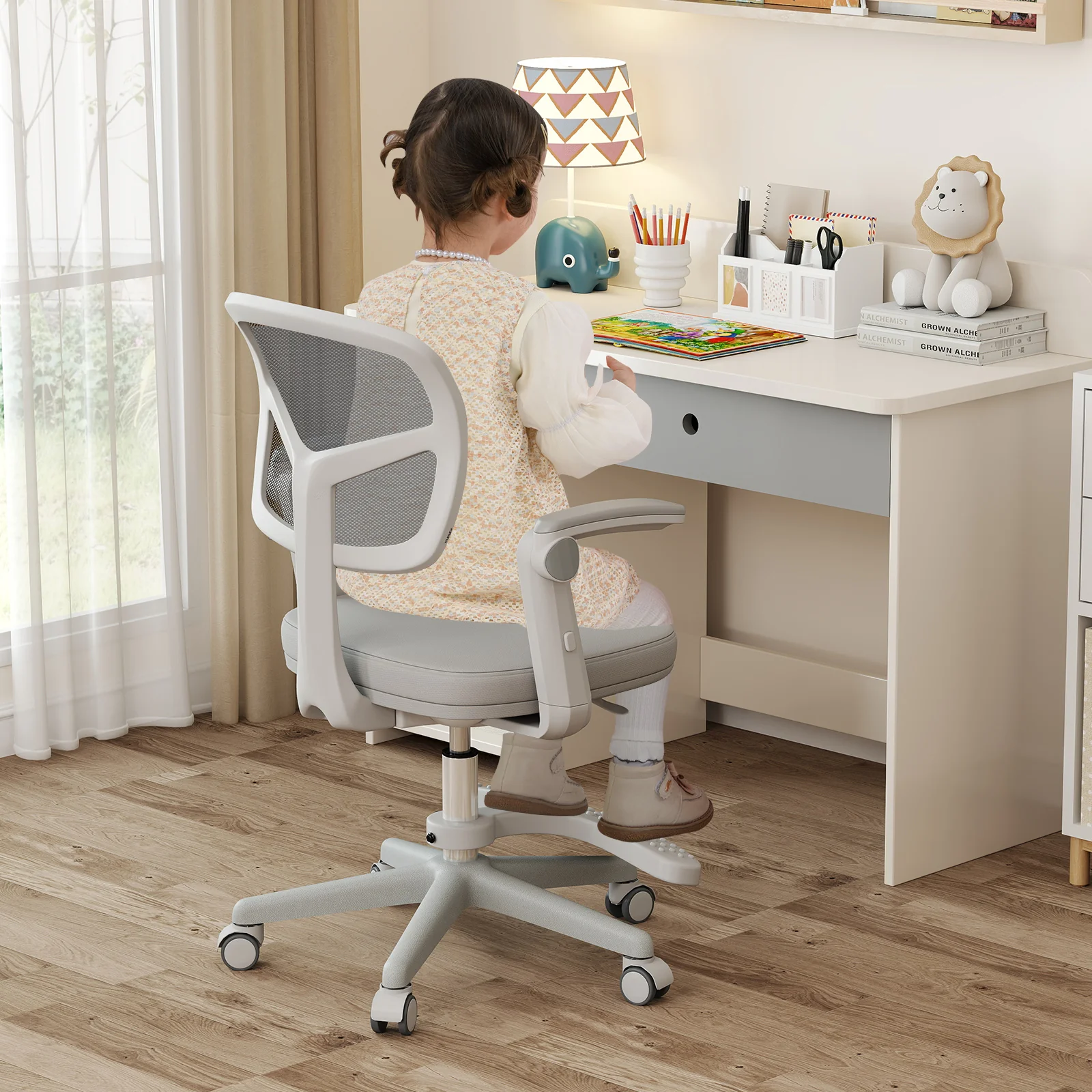 Kids Desk Chair, Adjustable Height, Armrest, Footrest, Gray - Image 2