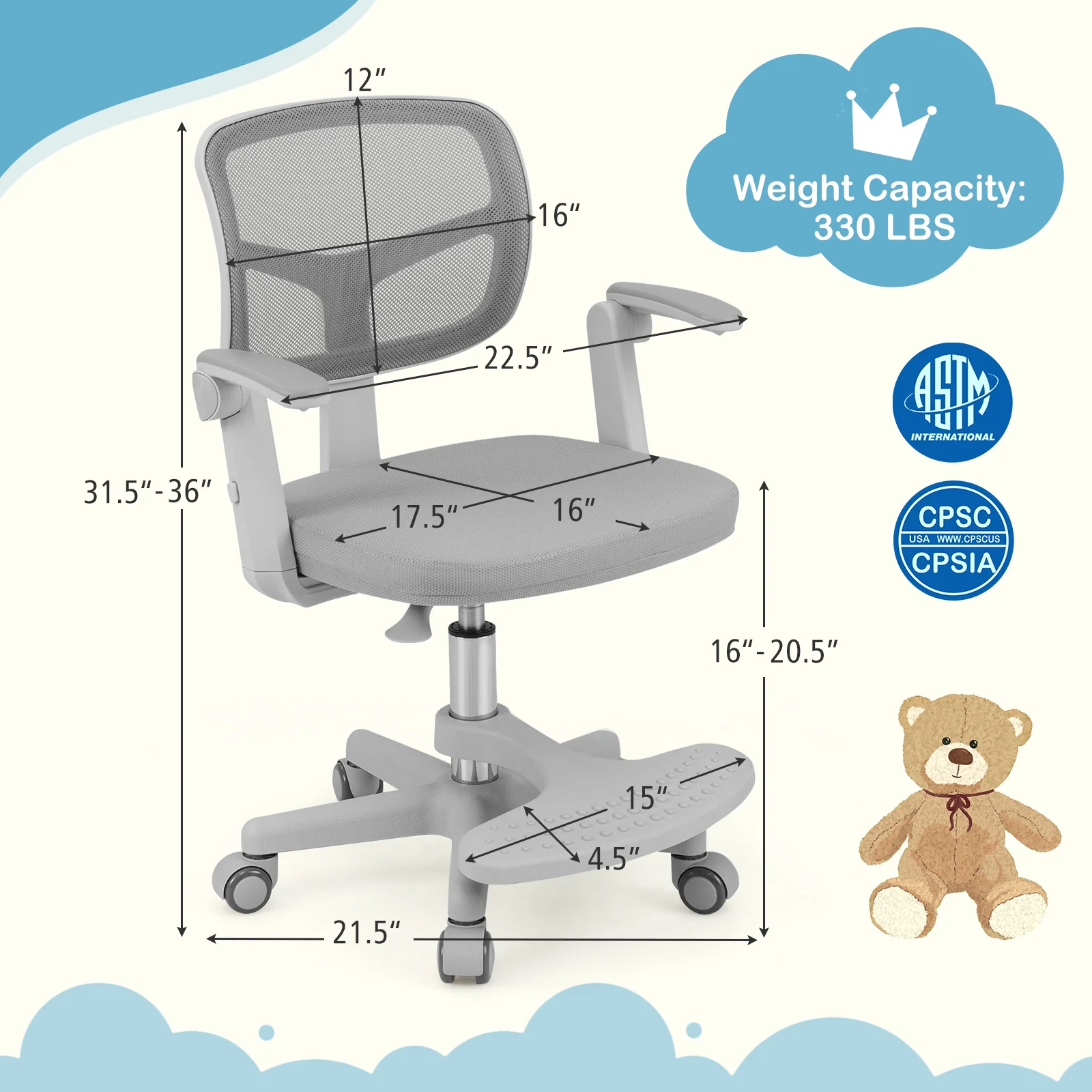Kids Desk Chair, Adjustable Height, Armrest, Footrest, Gray - Image 5