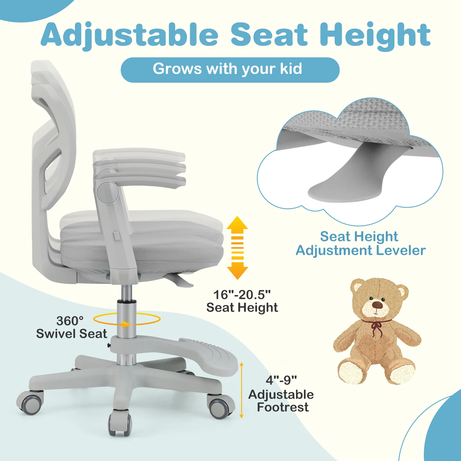 Kids Desk Chair, Adjustable Height, Armrest, Footrest, Gray - Image 9