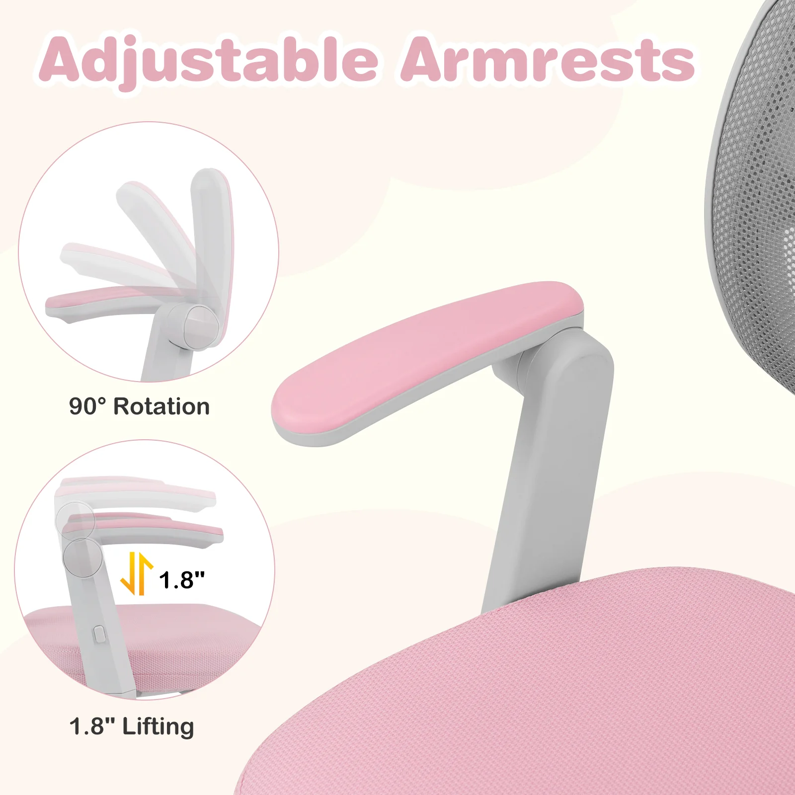 Kids Desk Chair, Adjustable Height, Armrest, Footrest, Pink - Image 10
