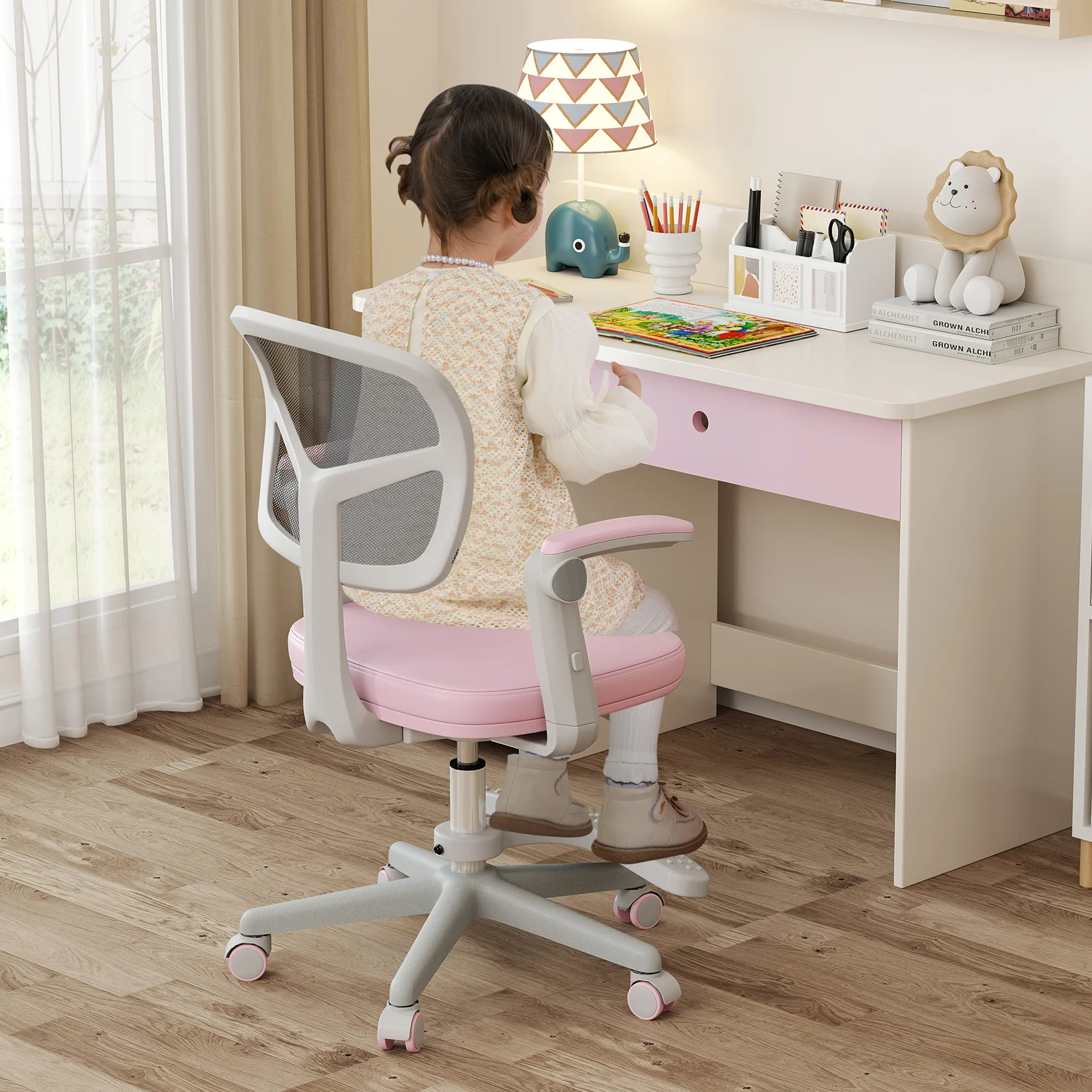 Kids Desk Chair, Adjustable Height, Armrest, Footrest, Pink - Image 2