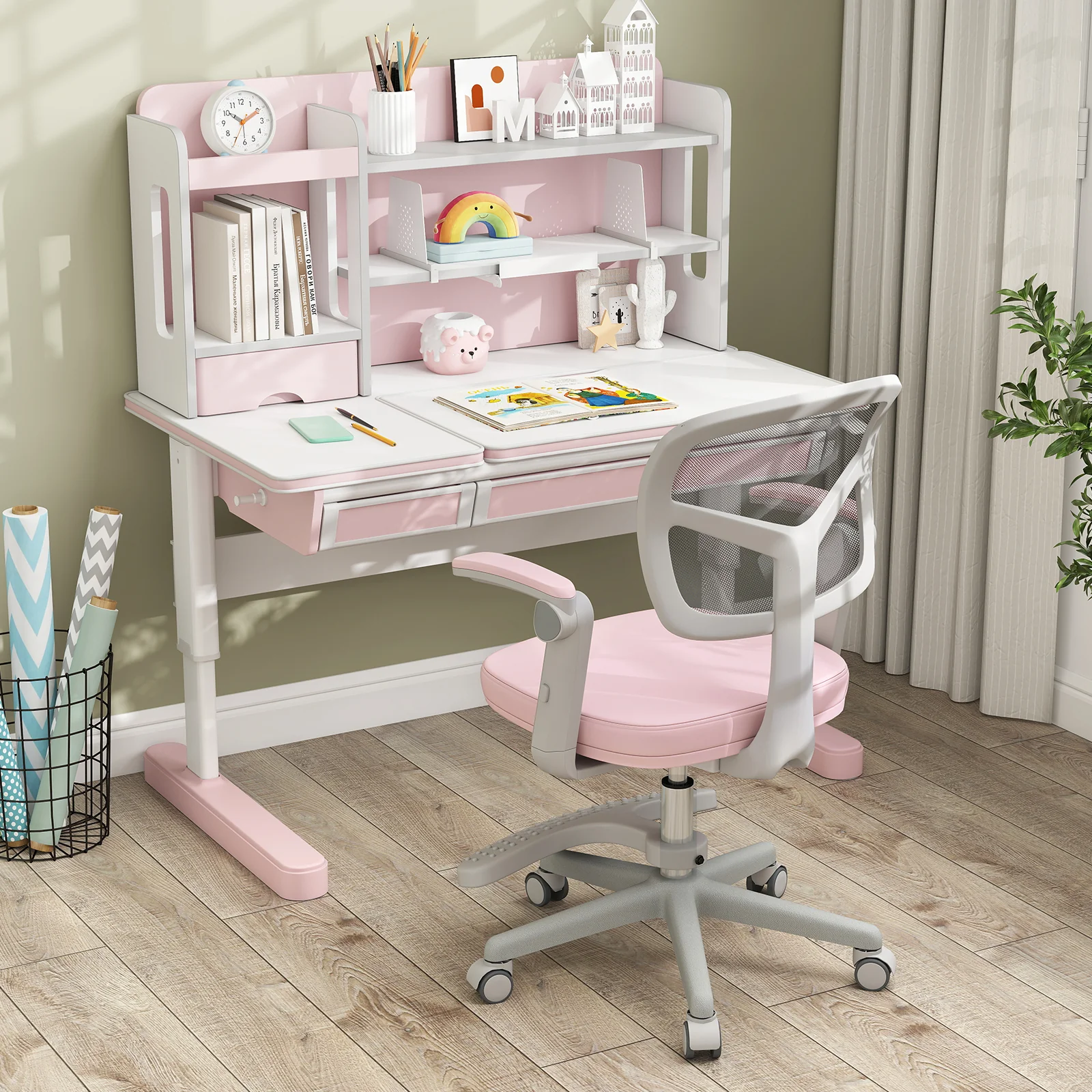 Kids Desk Chair, Adjustable Height, Armrest, Footrest, Pink - Image 6