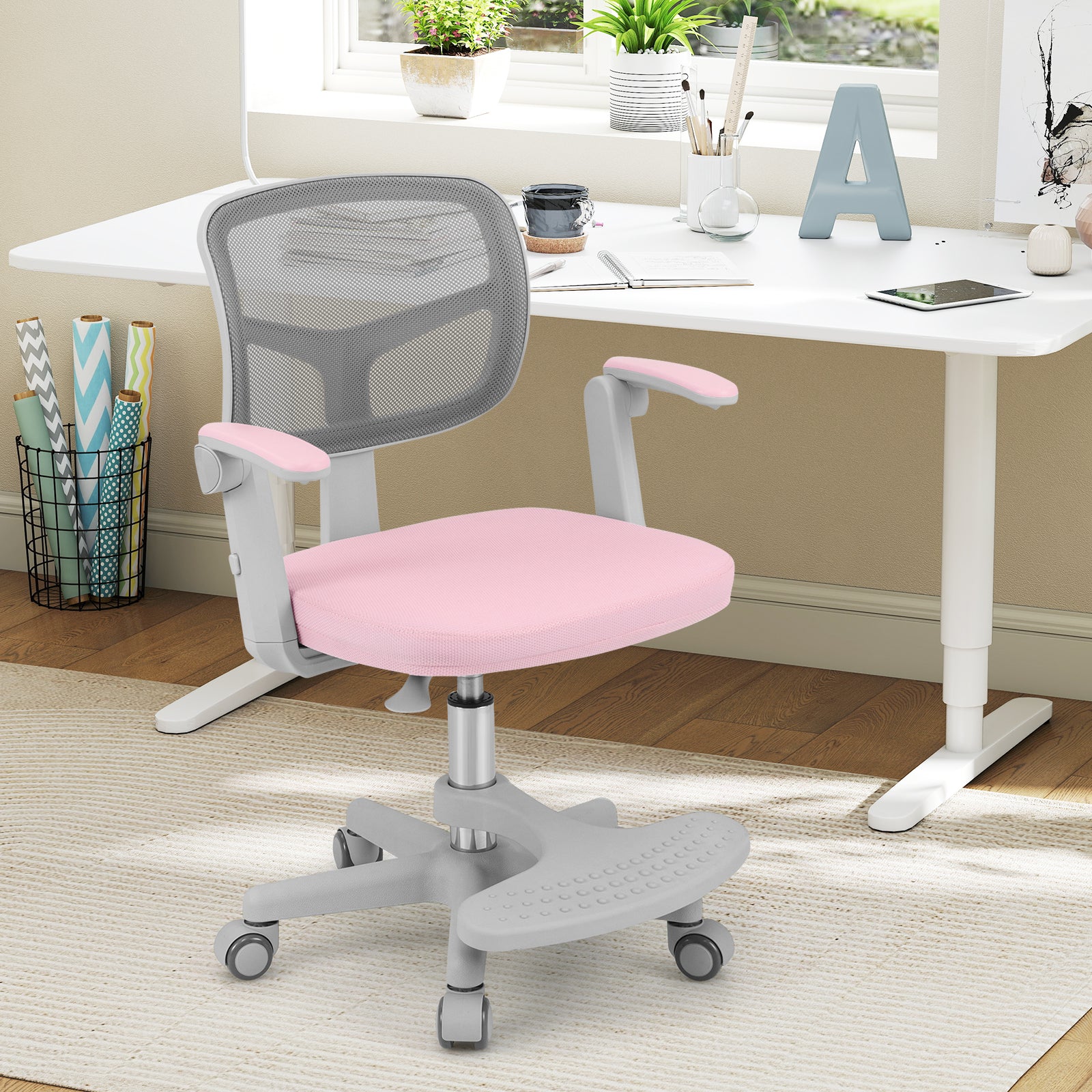 Kids Desk Chair, Adjustable Height, Armrest, Footrest, Pink - Image 7