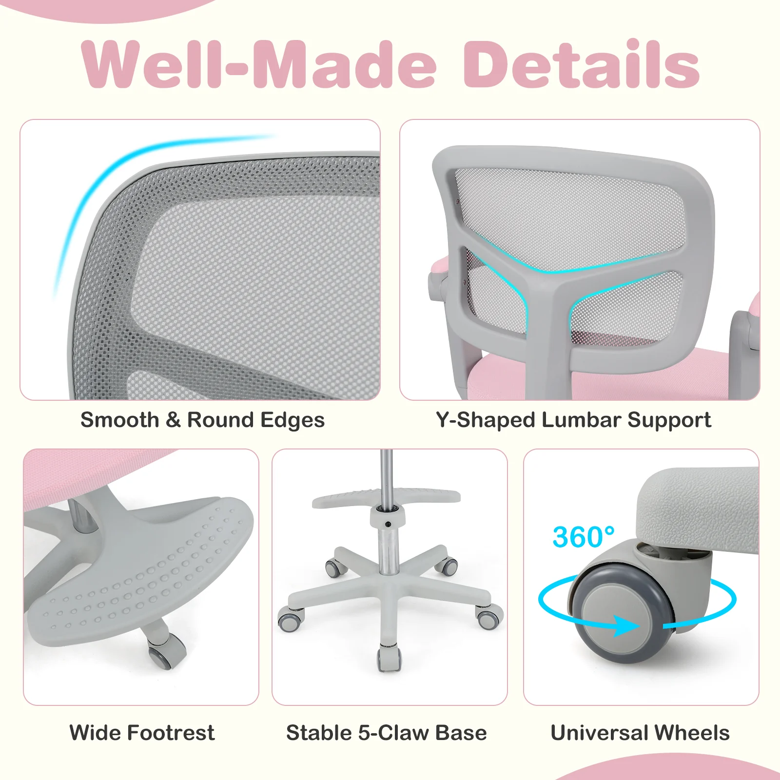 Kids Desk Chair, Adjustable Height, Armrest, Footrest, Pink - Image 8