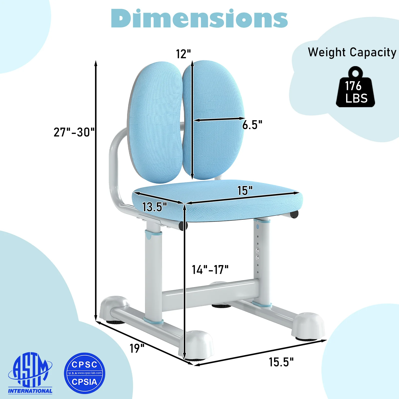 Kids Desk Chair, Double Back Support, Adjustable Height, Blue - Image 5