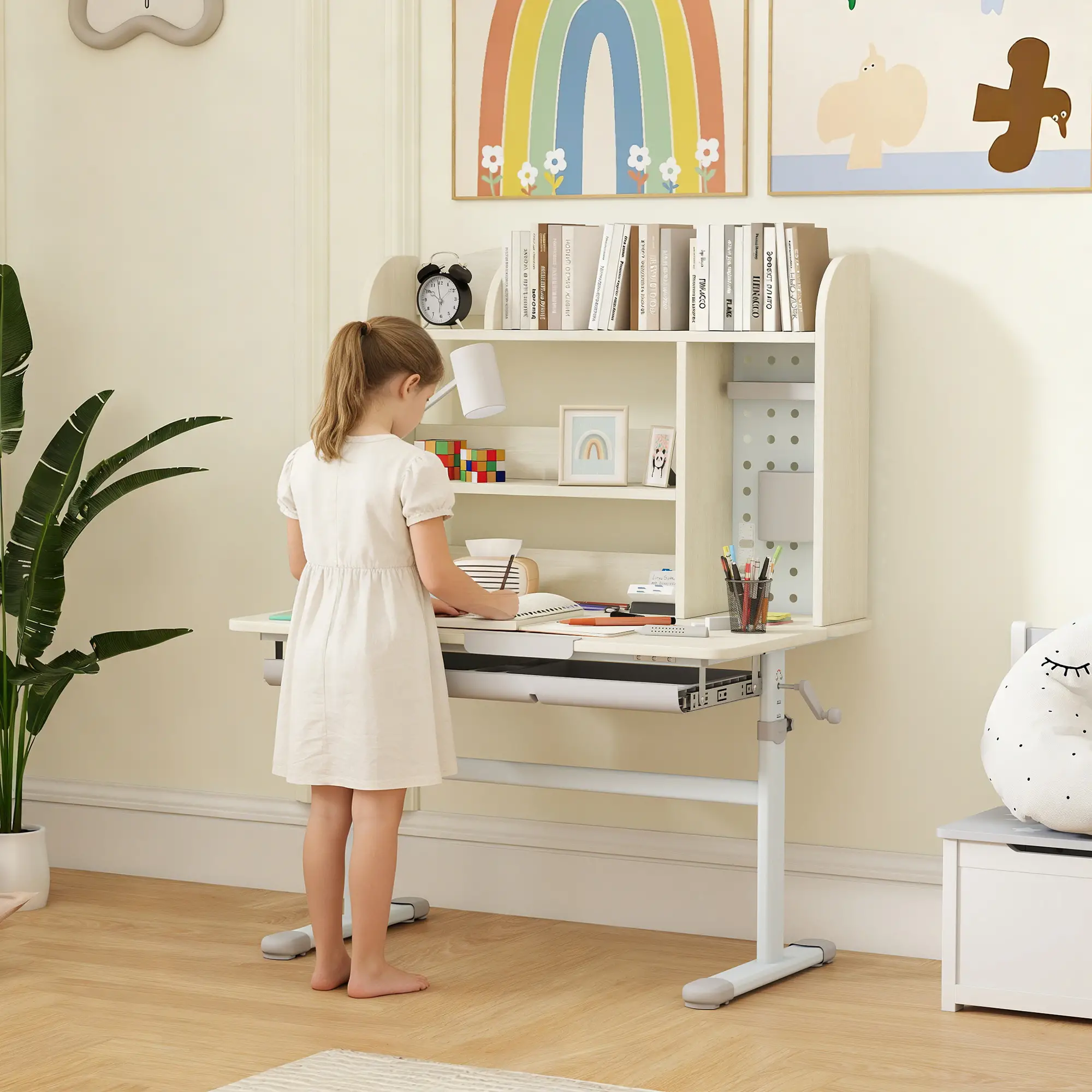 Kids Desk, Height Adjustable, Tilted Desktop, Storage, Drawer, Pegboard, 3-12 Years - Image 2