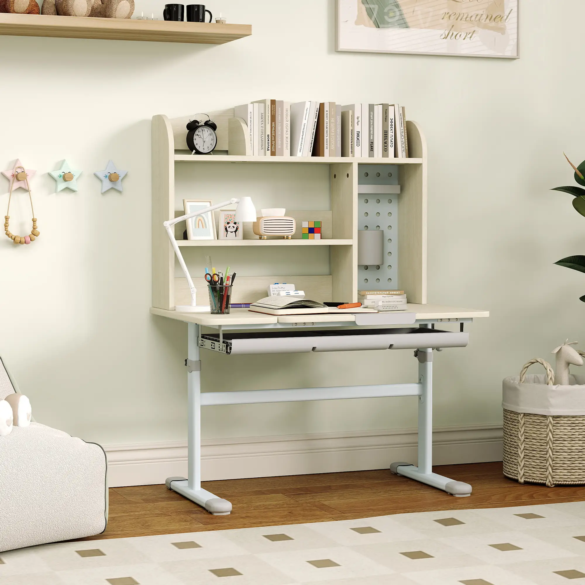 Kids Desk, Height Adjustable, Tilted Desktop, Storage, Drawer, Pegboard, 3-12 Years - Image 9