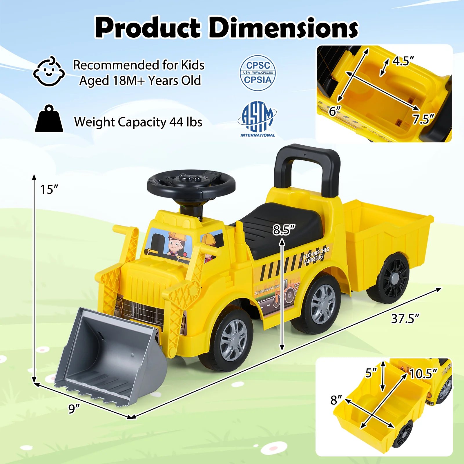 Kids Digger Ride on Truck with Shovel and Under-Seat Compartment - Image 6