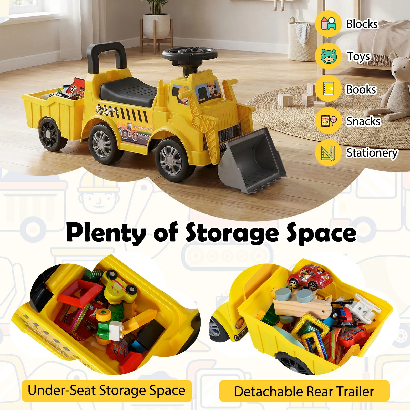 Kids Digger Ride on Truck with Shovel and Under-Seat Compartment - Image 7