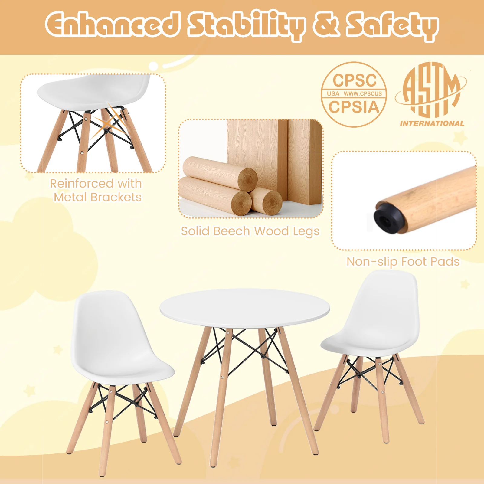 Kids Dining Table Set, 2 Armless Chairs, White - Image 8