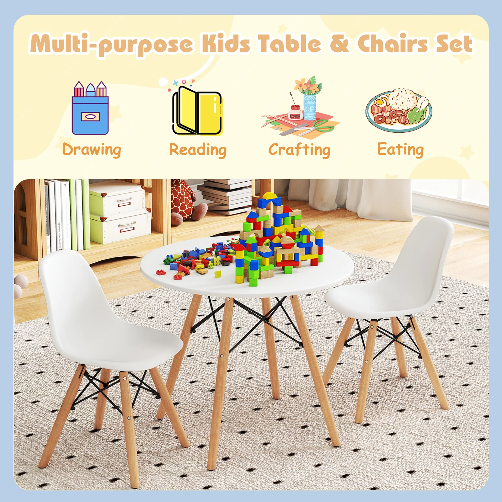 Kids Dining Table Set, 2 Armless Chairs, White - Image 9