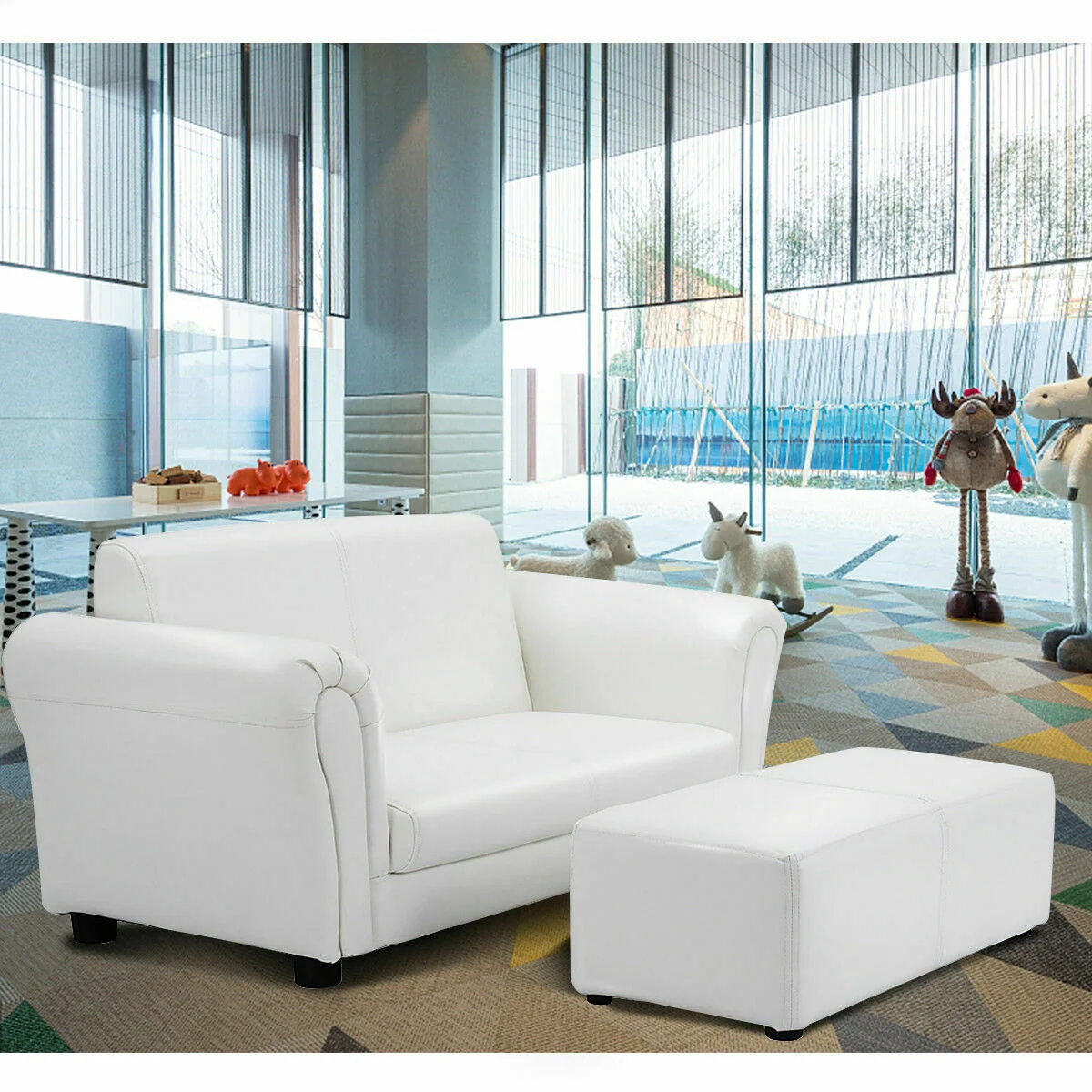 Kids Double Sofa With Ottoman, White - Image 3