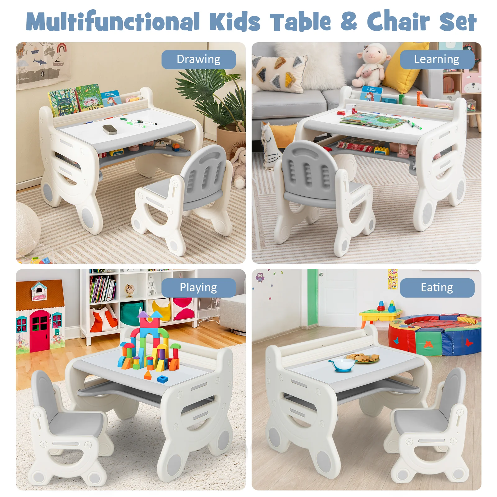 Kids Drawing Table And Chair Set, With Watercolor Pens And Eraser, Gray - Image 9