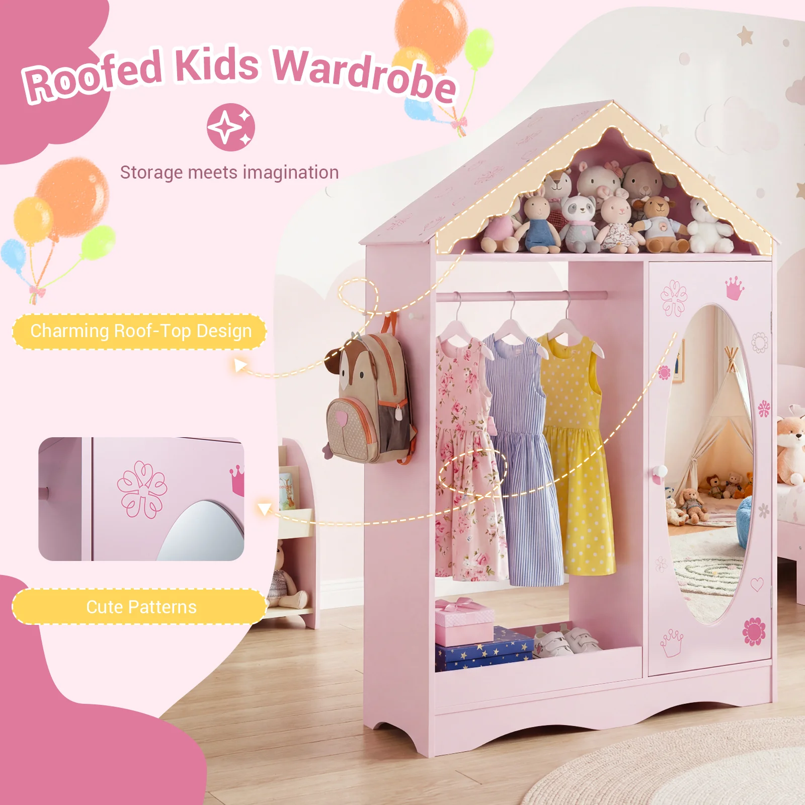 Kids Dress Up Storage with Mirror Roofed Wardrobe Closet with Open Hanging Rack, Pink - Image 10