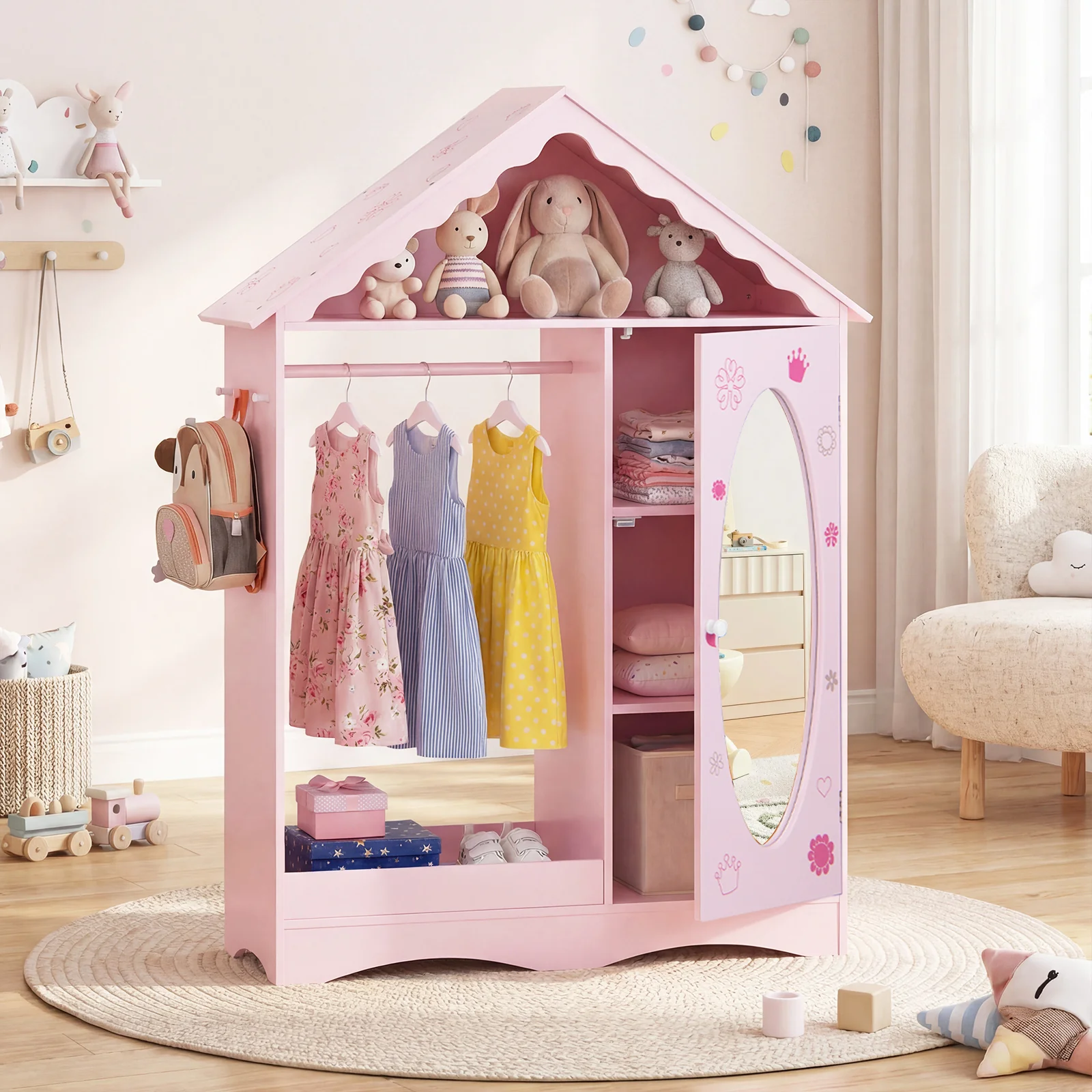 Kids Dress Up Storage with Mirror Roofed Wardrobe Closet with Open Hanging Rack, Pink - Image 3