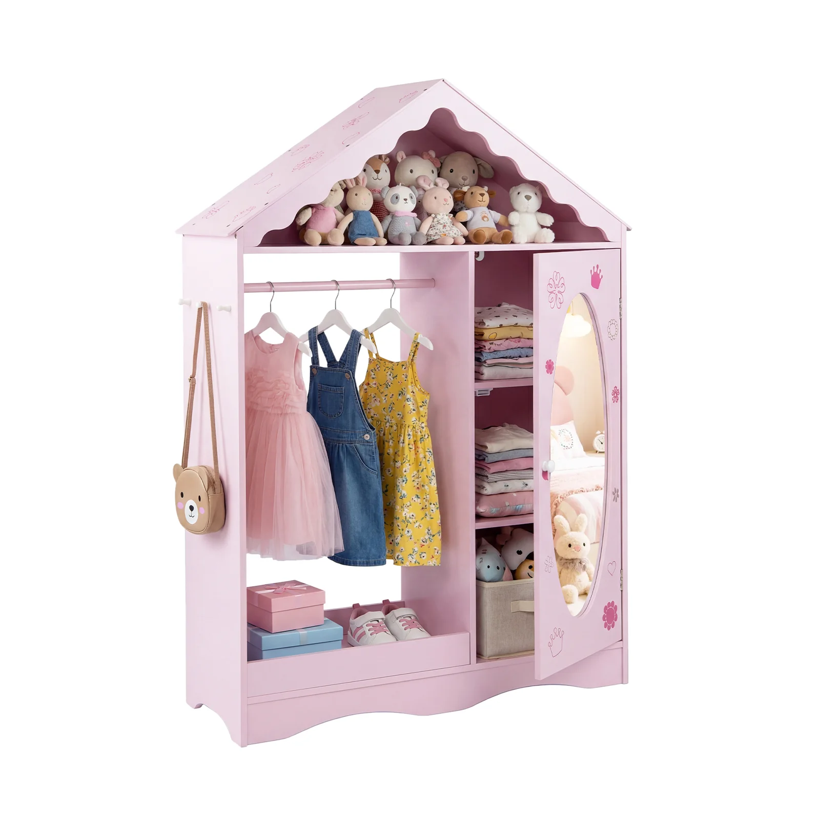 Kids Dress Up Storage with Mirror Roofed Wardrobe Closet with Open Hanging Rack, Pink - Image 4