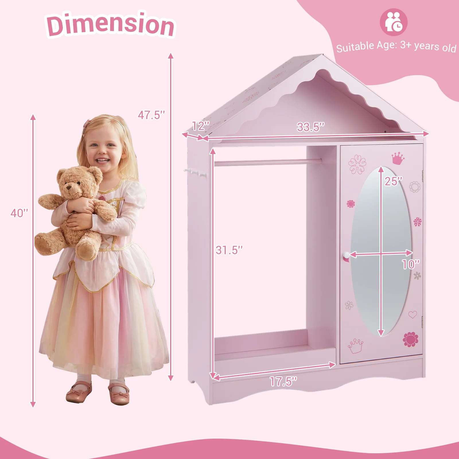 Kids Dress Up Storage with Mirror Roofed Wardrobe Closet with Open Hanging Rack, Pink - Image 5