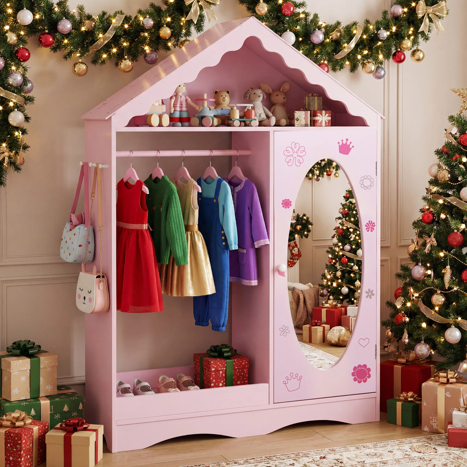 Kids Dress Up Storage with Mirror Roofed Wardrobe Closet with Open Hanging Rack, Pink - Image 6