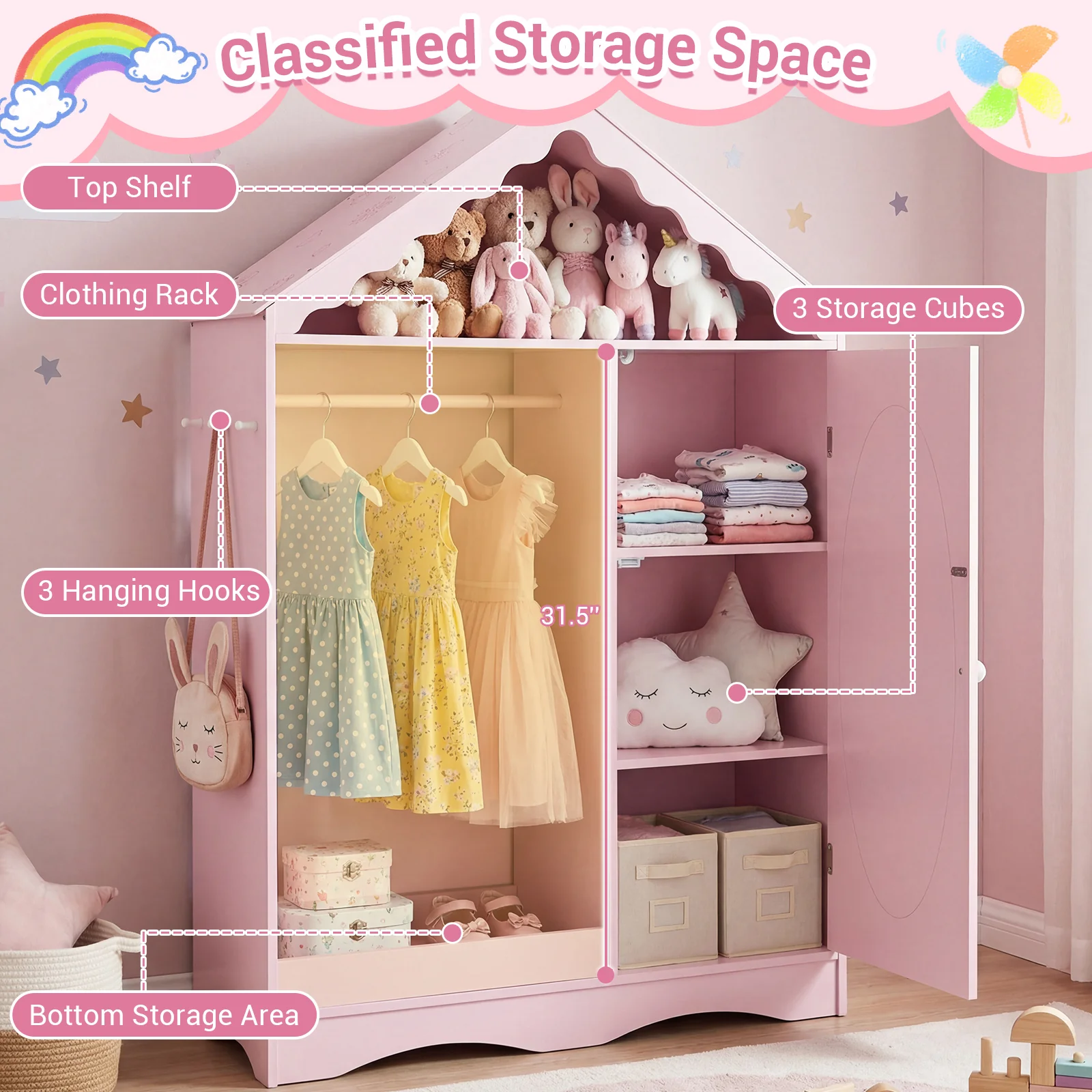 Kids Dress Up Storage with Mirror Roofed Wardrobe Closet with Open Hanging Rack, Pink - Image 8