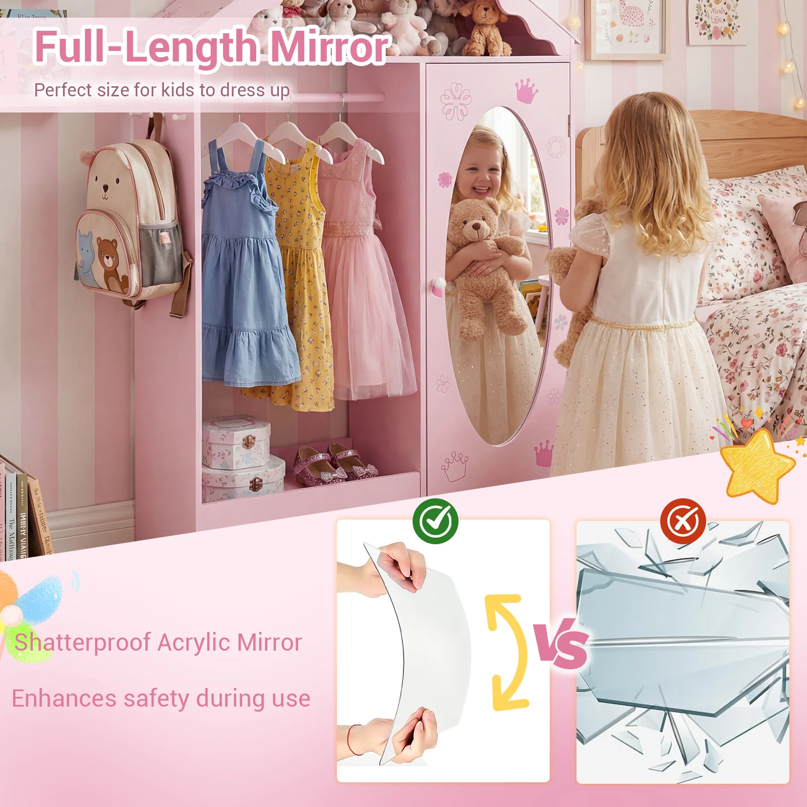 Kids Dress Up Storage with Mirror Roofed Wardrobe Closet with Open Hanging Rack, Pink - Image 9