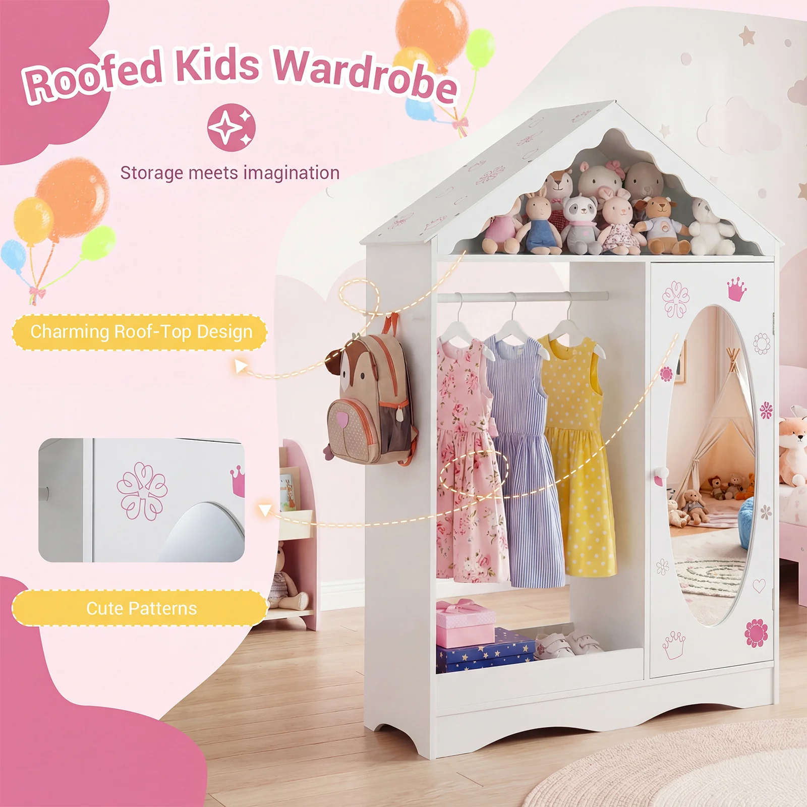 Kids Dress Up Storage with Mirror Roofed Wardrobe Closet with Open Hanging Rack, White - Image 10