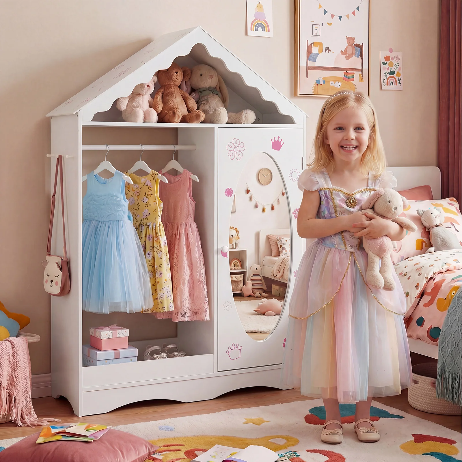 Kids Dress Up Storage with Mirror Roofed Wardrobe Closet with Open Hanging Rack, White - Image 2