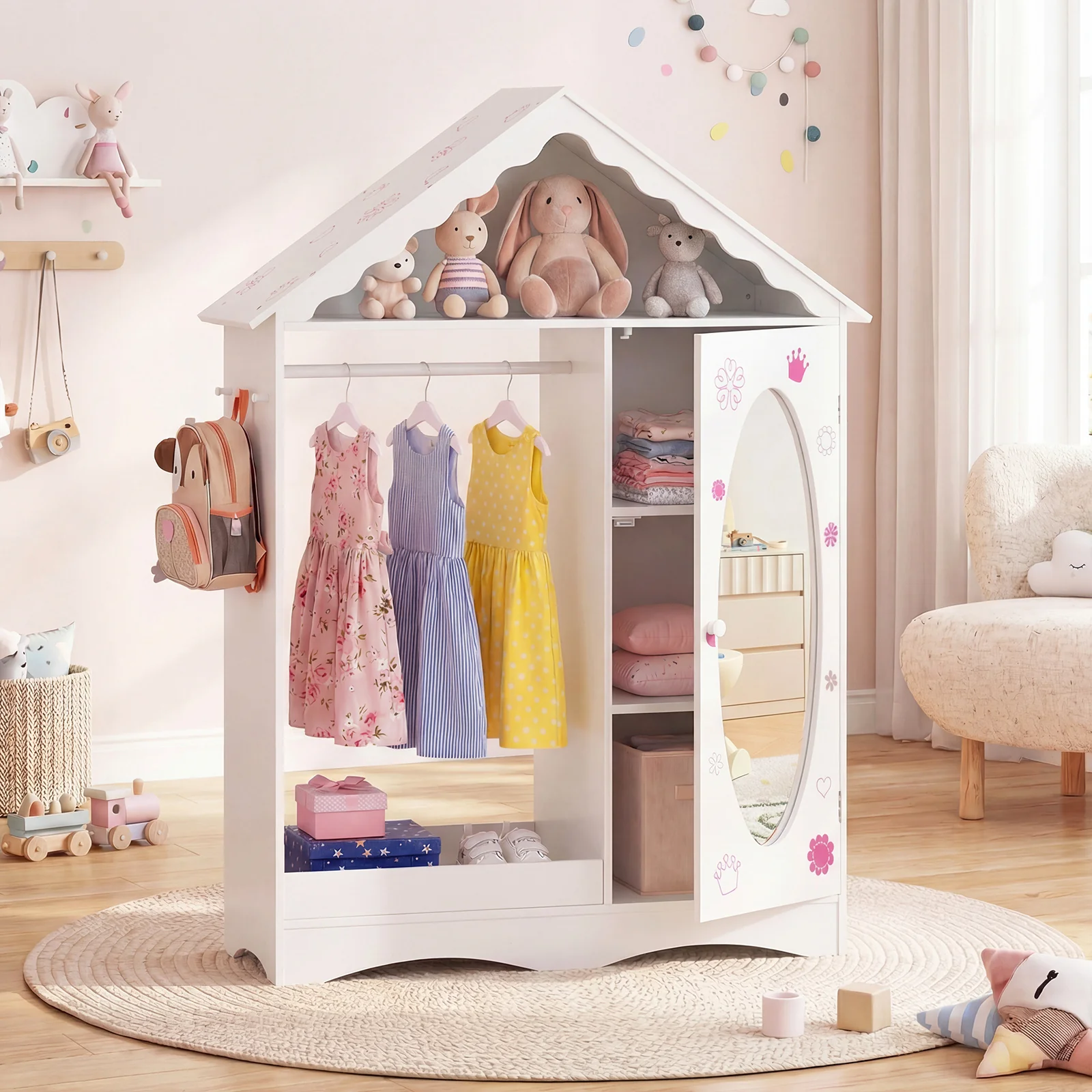 Kids Dress Up Storage with Mirror Roofed Wardrobe Closet with Open Hanging Rack, White - Image 3