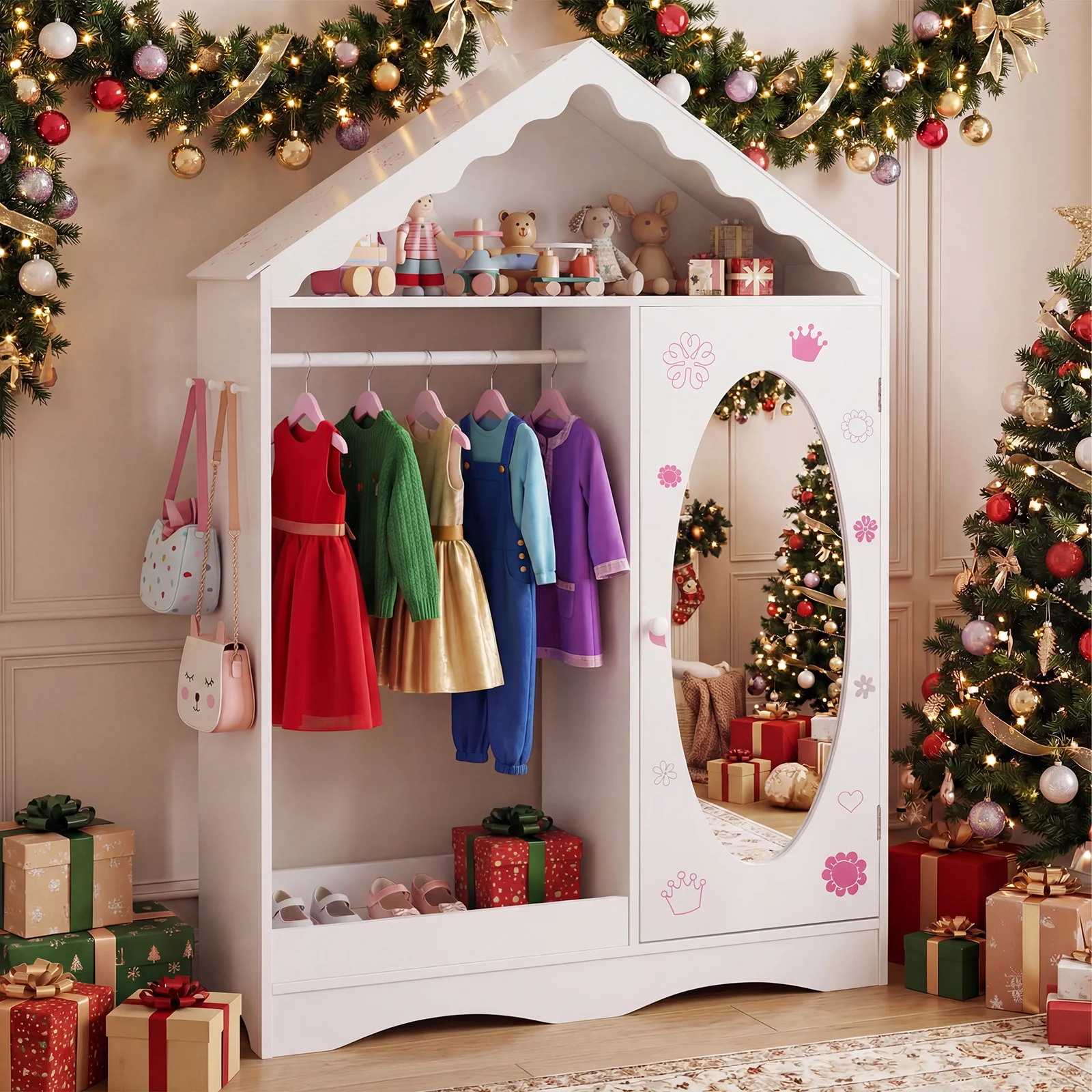 Kids Dress Up Storage with Mirror Roofed Wardrobe Closet with Open Hanging Rack, White - Image 6