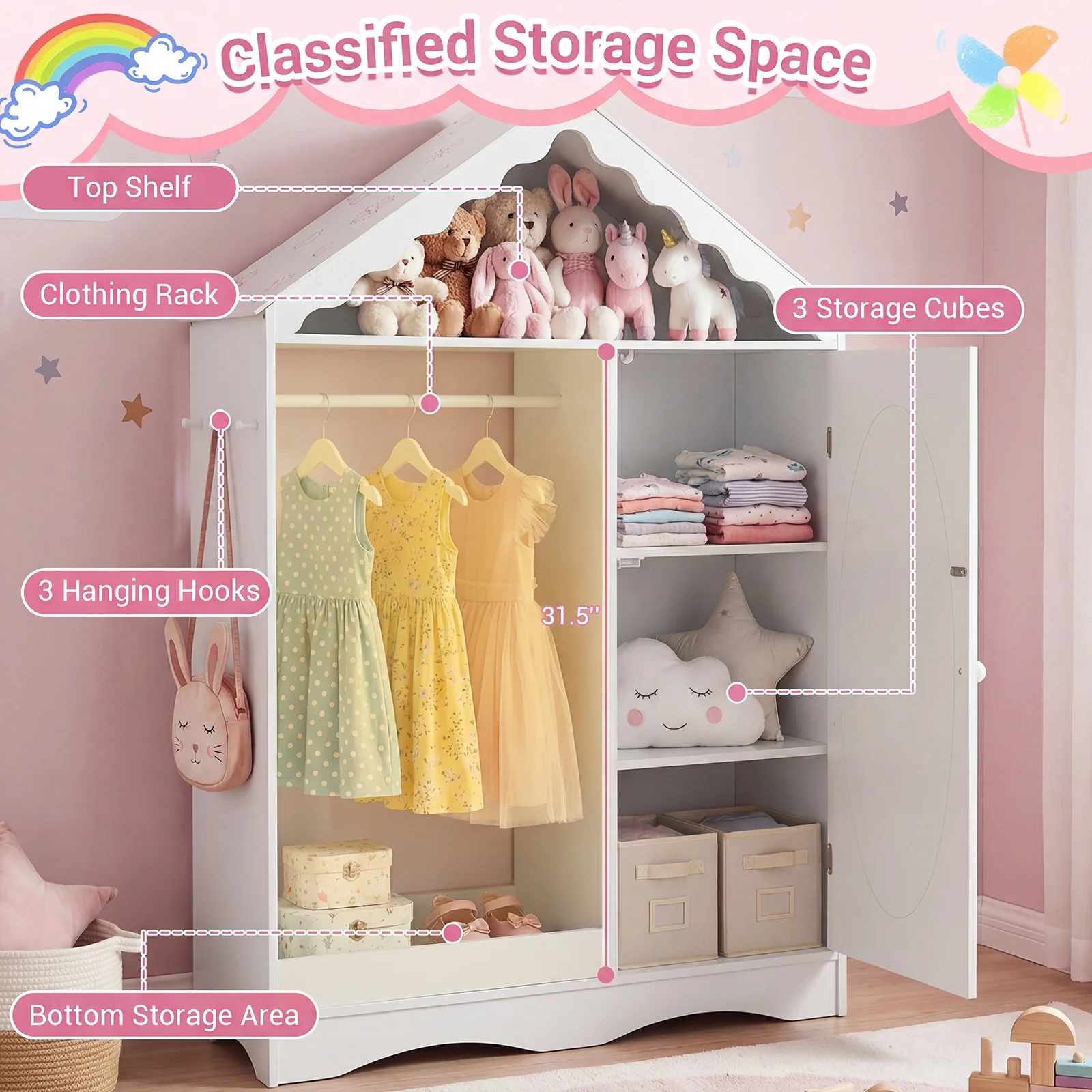 Kids Dress Up Storage with Mirror Roofed Wardrobe Closet with Open Hanging Rack, White - Image 8
