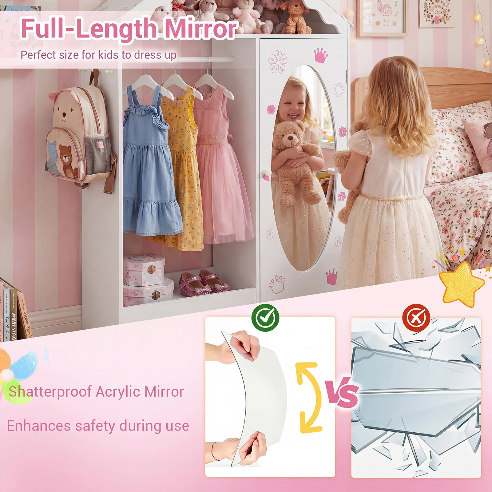 Kids Dress Up Storage with Mirror Roofed Wardrobe Closet with Open Hanging Rack, White - Image 9