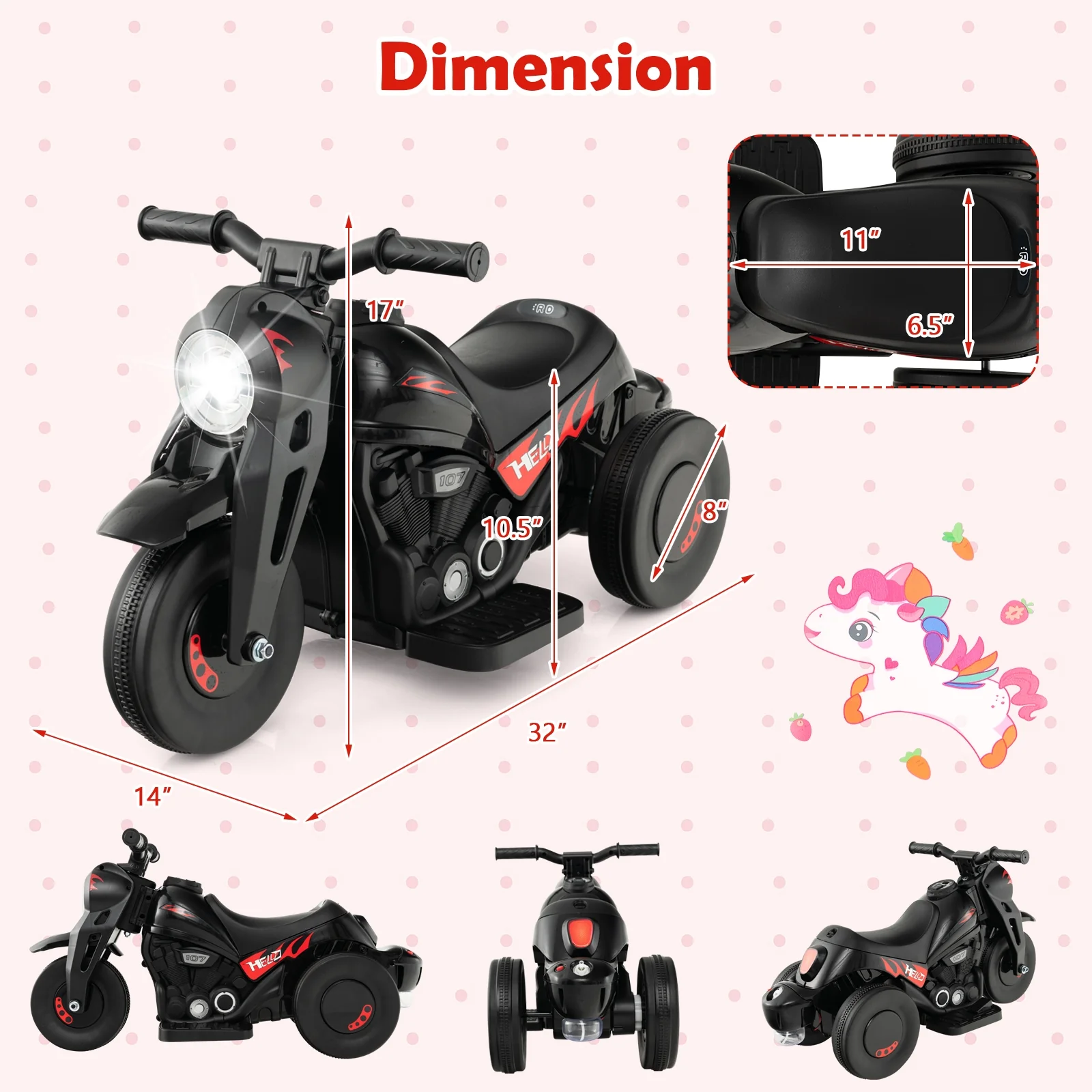 Kids Electric Motorcycle, 6V, Bubble Maker, Music, Black - Image 5