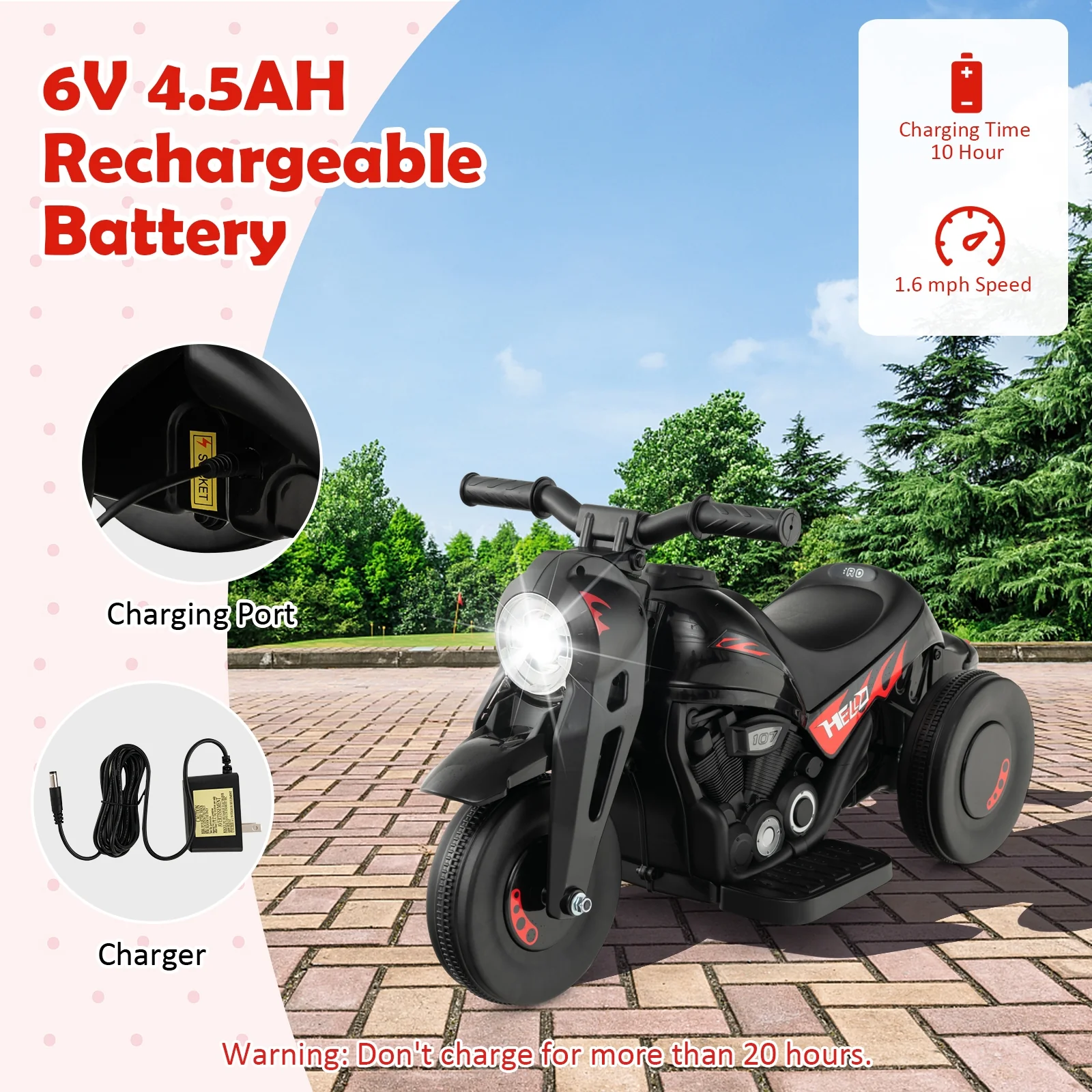 Kids Electric Motorcycle, 6V, Bubble Maker, Music, Black - Image 8