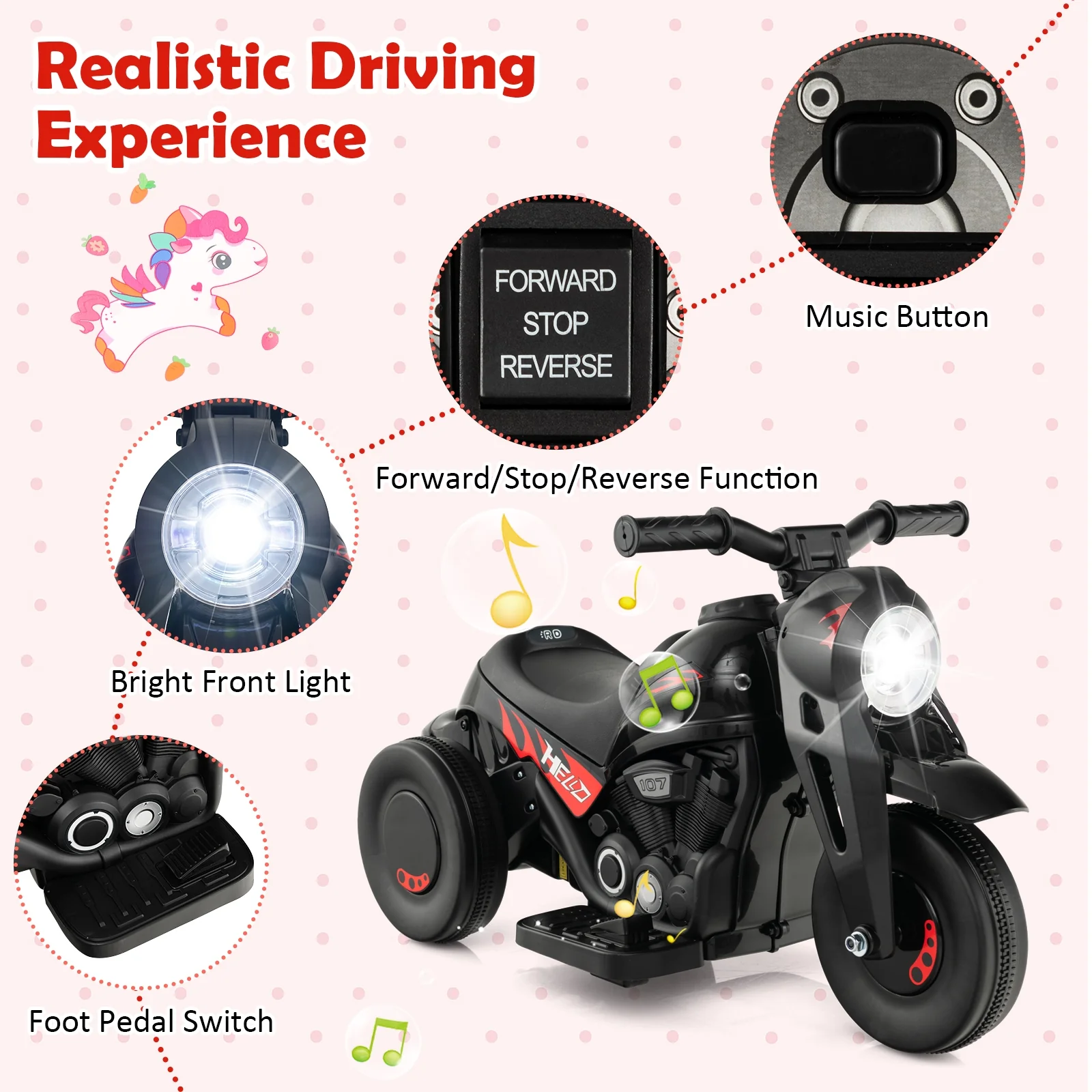 Kids Electric Motorcycle, 6V, Bubble Maker, Music, Black - Image 9