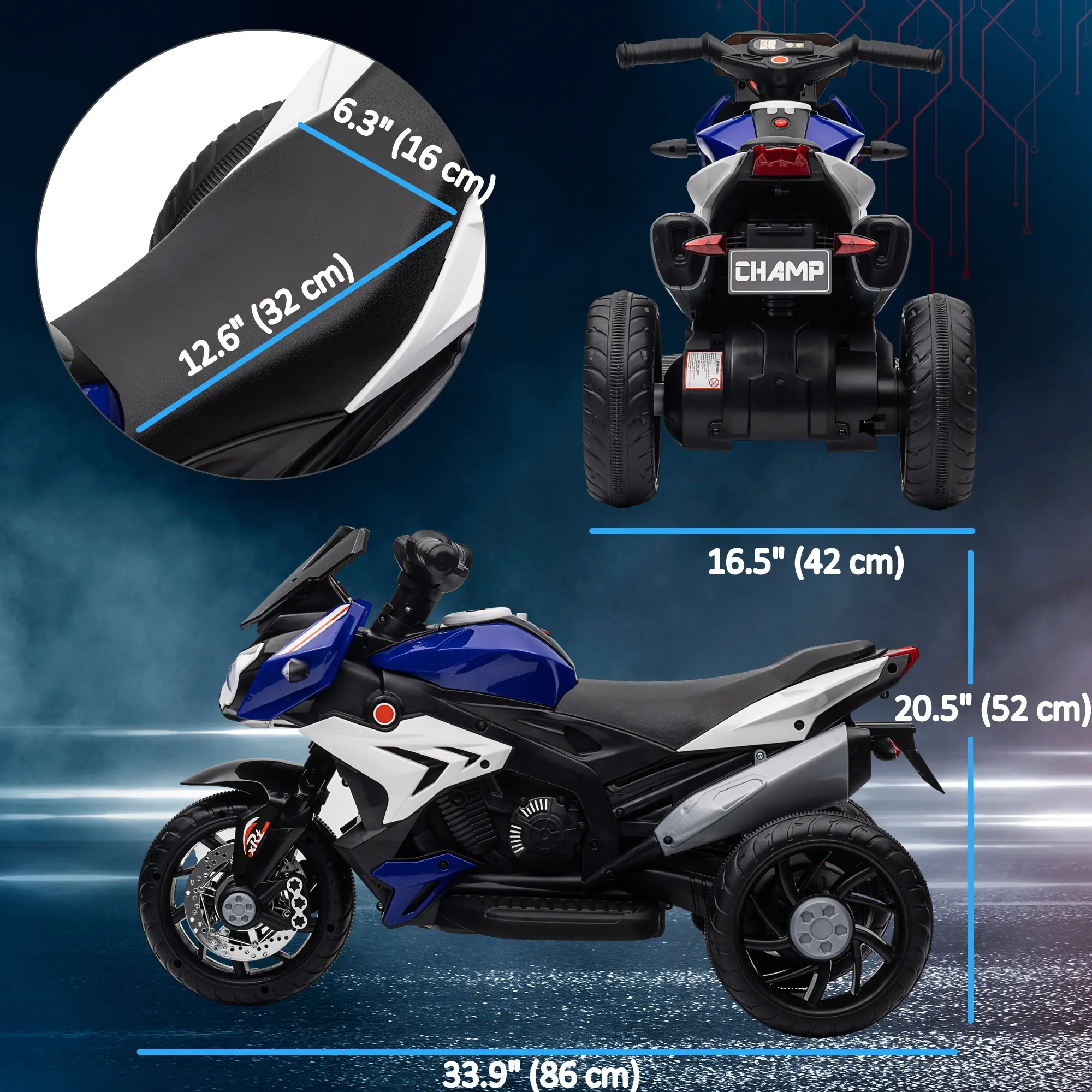 Kids Electric Motorcycle Ride-On Toy, 3 Wheels, Music, Horn, Lights, Blue - Image 3