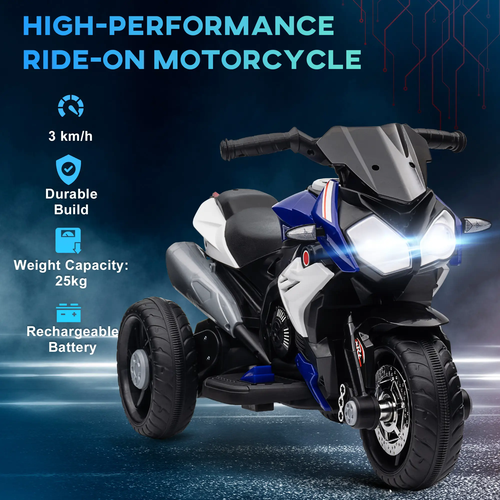 Kids Electric Motorcycle Ride-On Toy, 3 Wheels, Music, Horn, Lights, Blue - Image 5