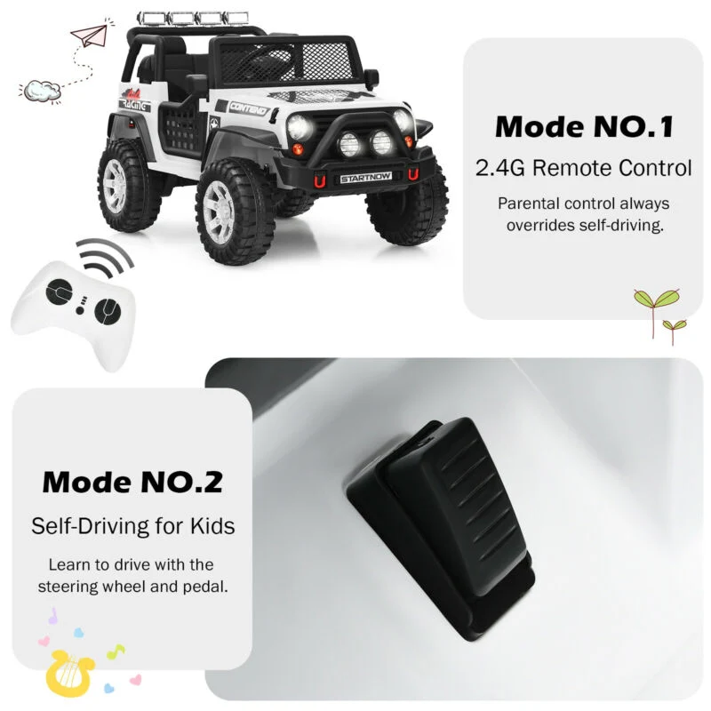 Kids Electric Ride On Truck, 12V, Remote Control, Operation Lever, White - Image 10