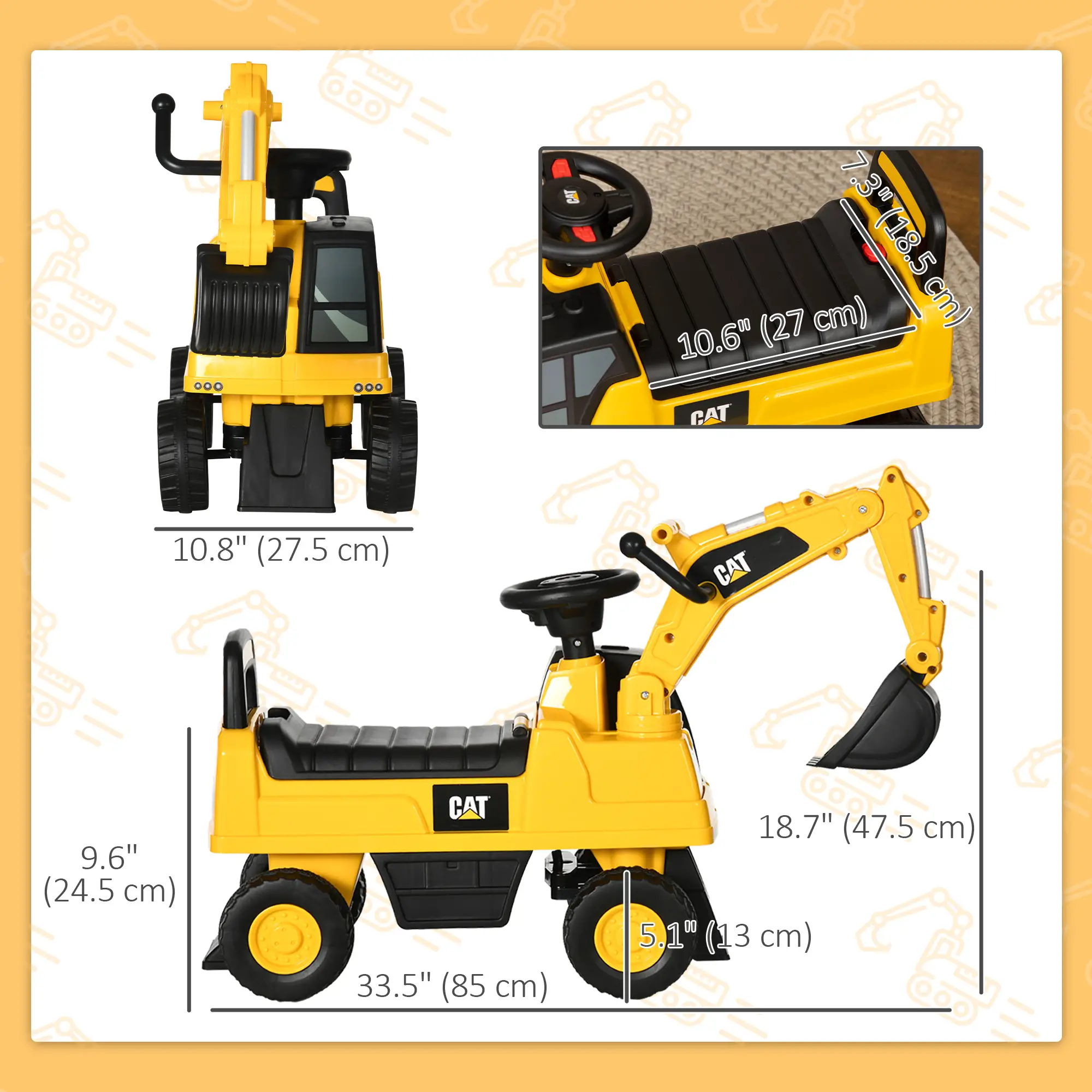 Kids Excavator Ride On Toy, Manual Shovel, Horn, Storage, 18-36 Months, Yellow - Image 3
