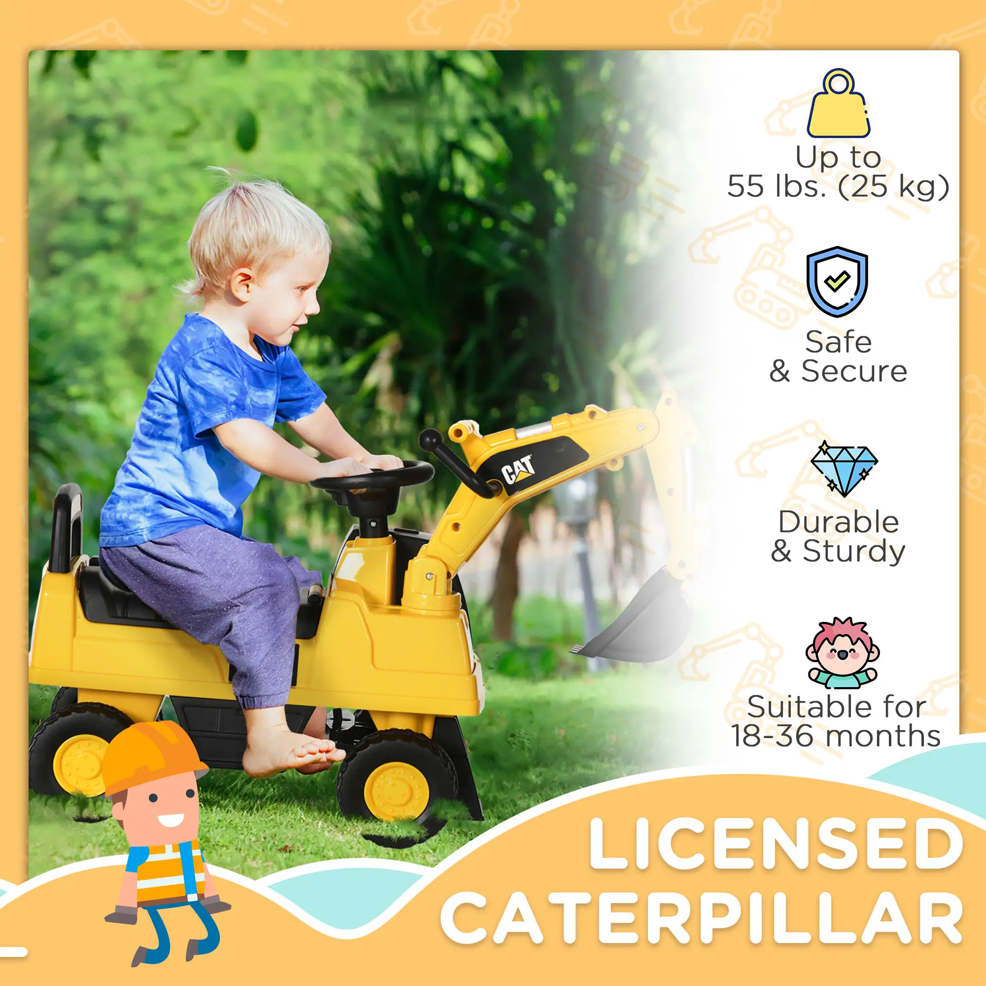 Kids Excavator Ride On Toy, Manual Shovel, Horn, Storage, 18-36 Months, Yellow - Image 4