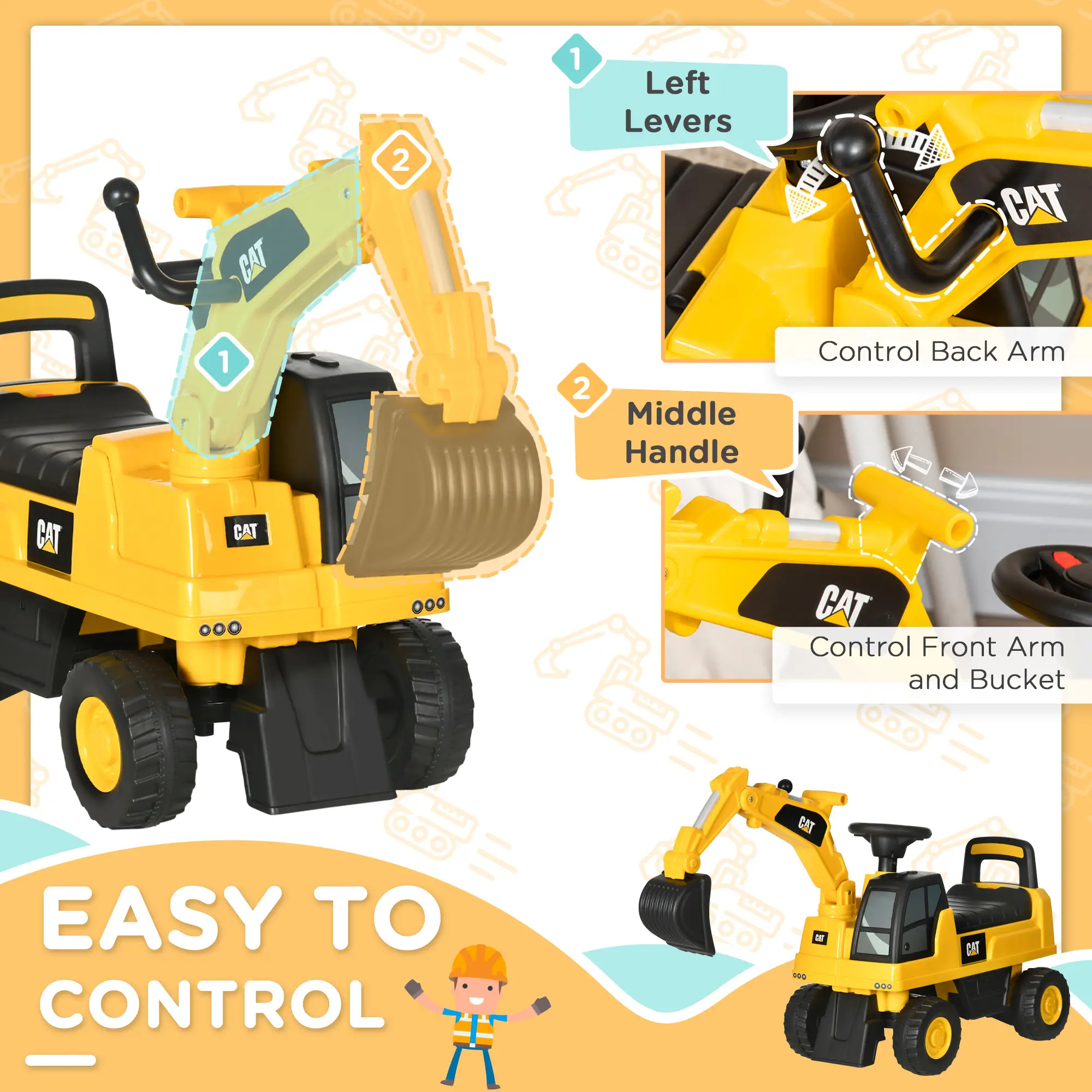 Kids Excavator Ride On Toy, Manual Shovel, Horn, Storage, 18-36 Months, Yellow - Image 5
