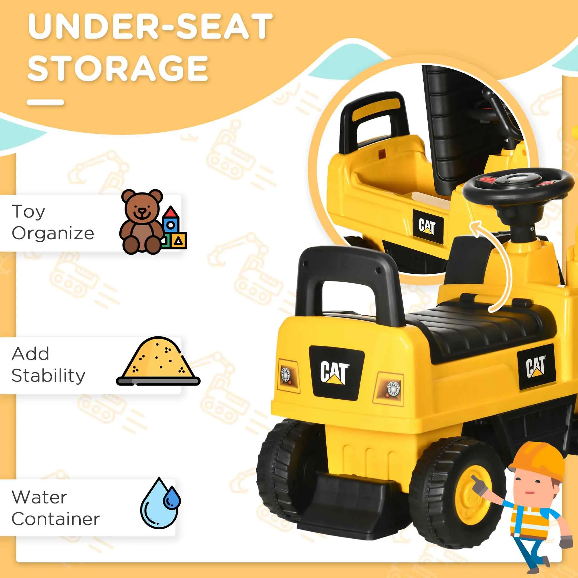 Kids Excavator Ride On Toy, Manual Shovel, Horn, Storage, 18-36 Months, Yellow - Image 6