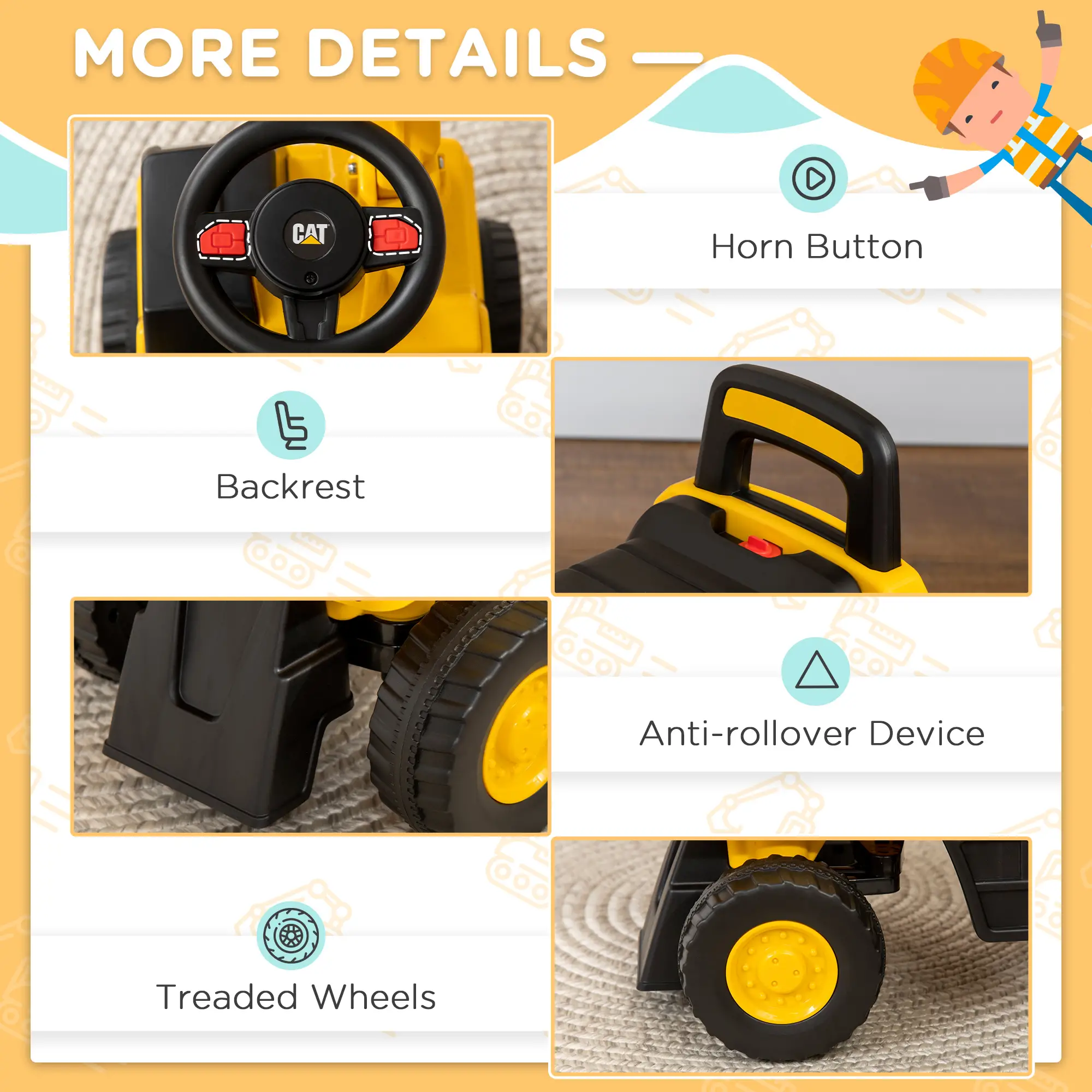 Kids Excavator Ride On Toy, Manual Shovel, Horn, Storage, 18-36 Months, Yellow - Image 7