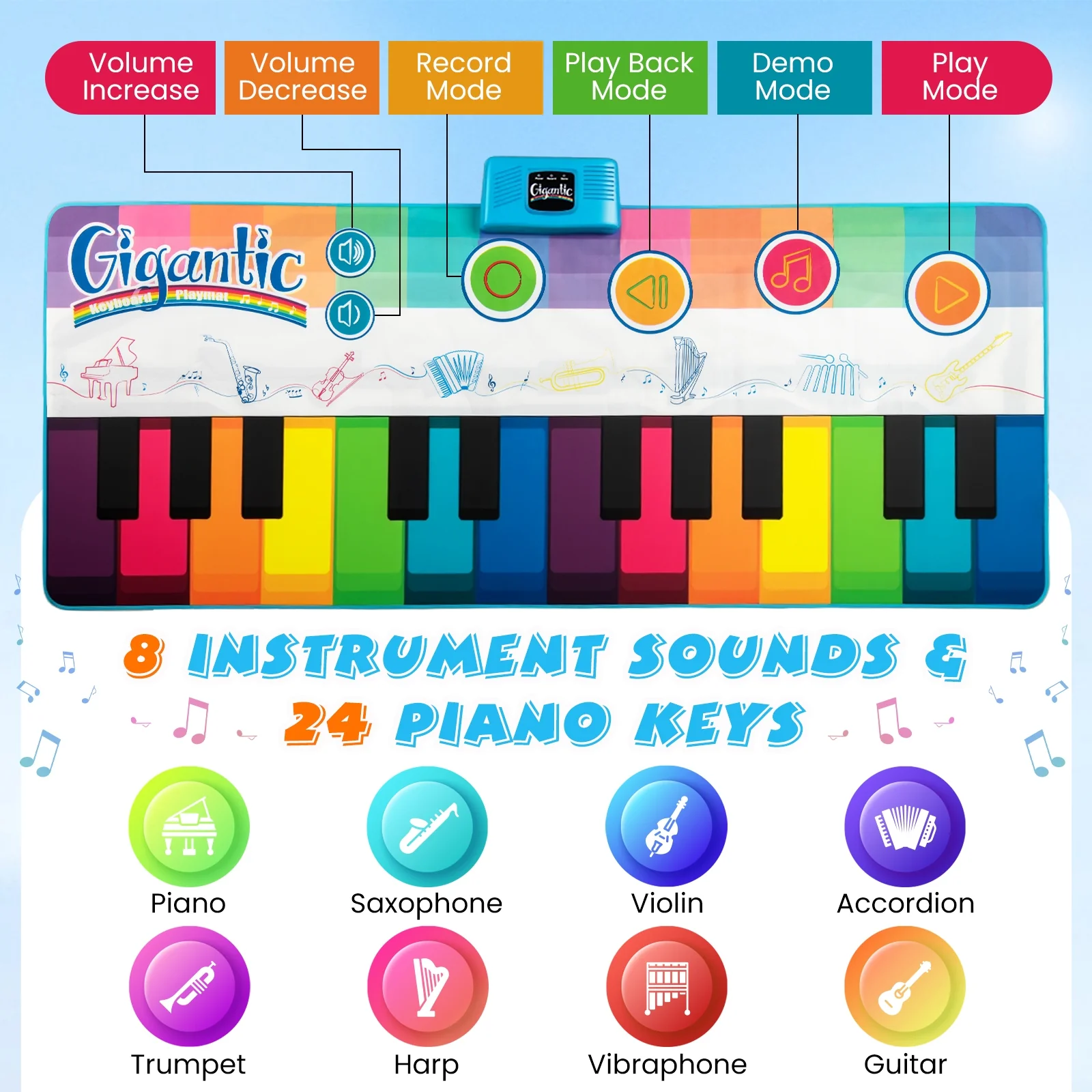 Kids Floor Piano Dance Mat, 8 Instrument Sounds, Multicolor - Image 8