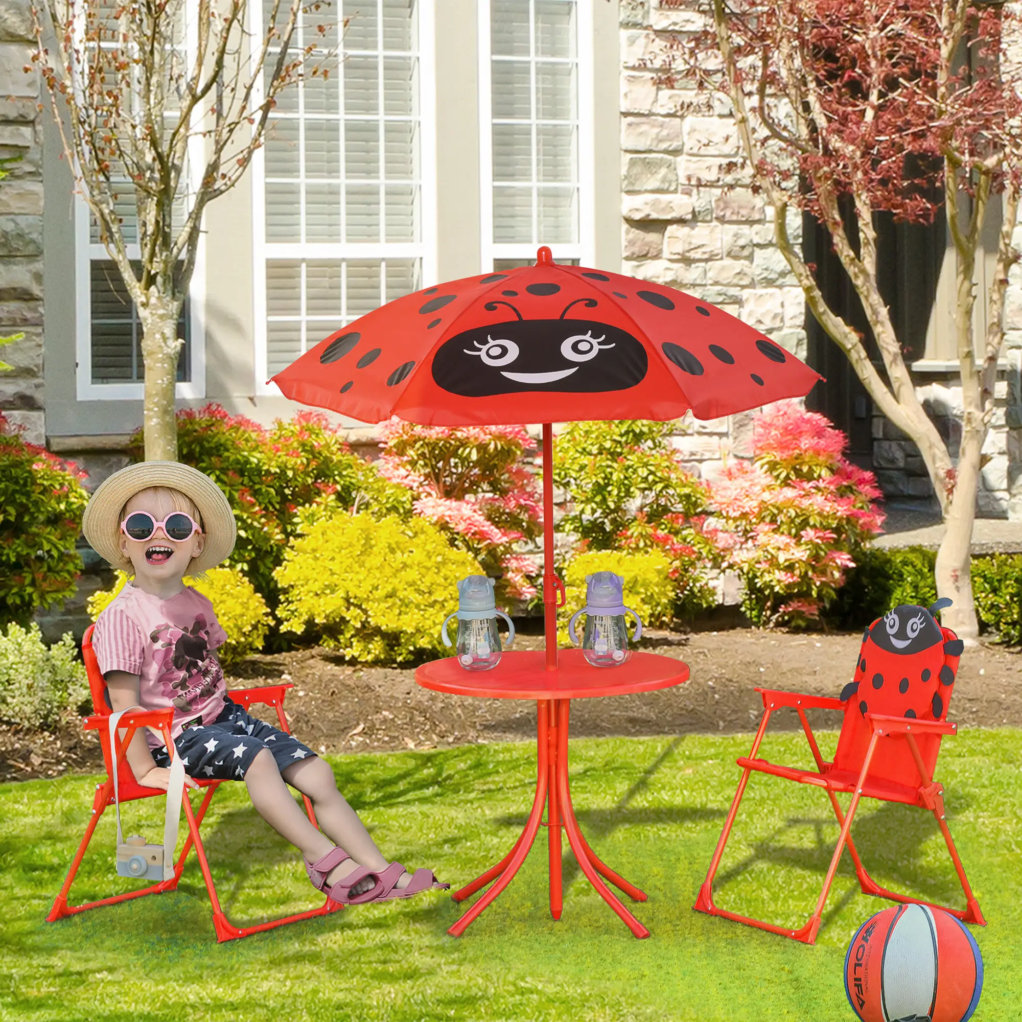 Kids Folding Picnic Table, Chair Set, Adjustable Umbrella, Red - Image 2