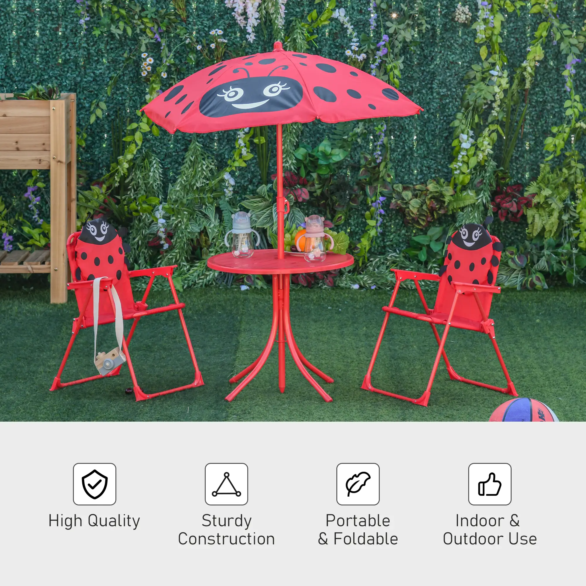 Kids Folding Picnic Table, Chair Set, Adjustable Umbrella, Red - Image 4