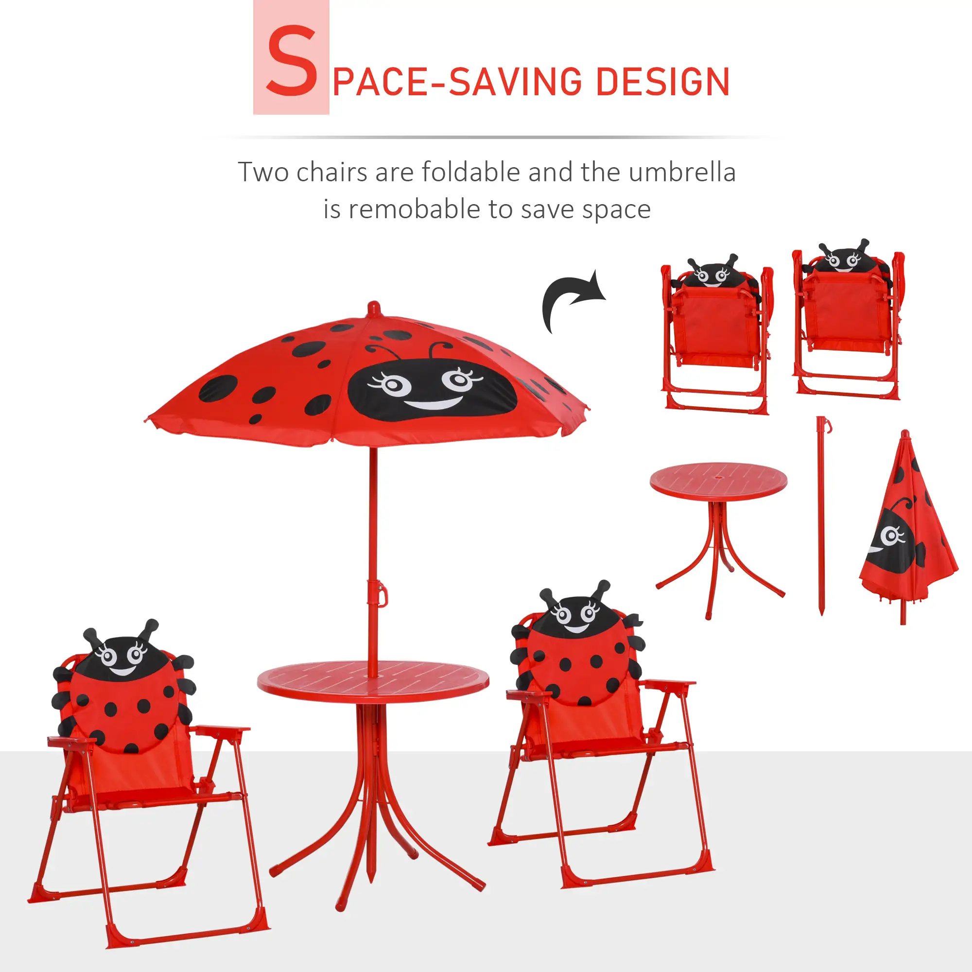 Kids Folding Picnic Table, Chair Set, Adjustable Umbrella, Red - Image 5