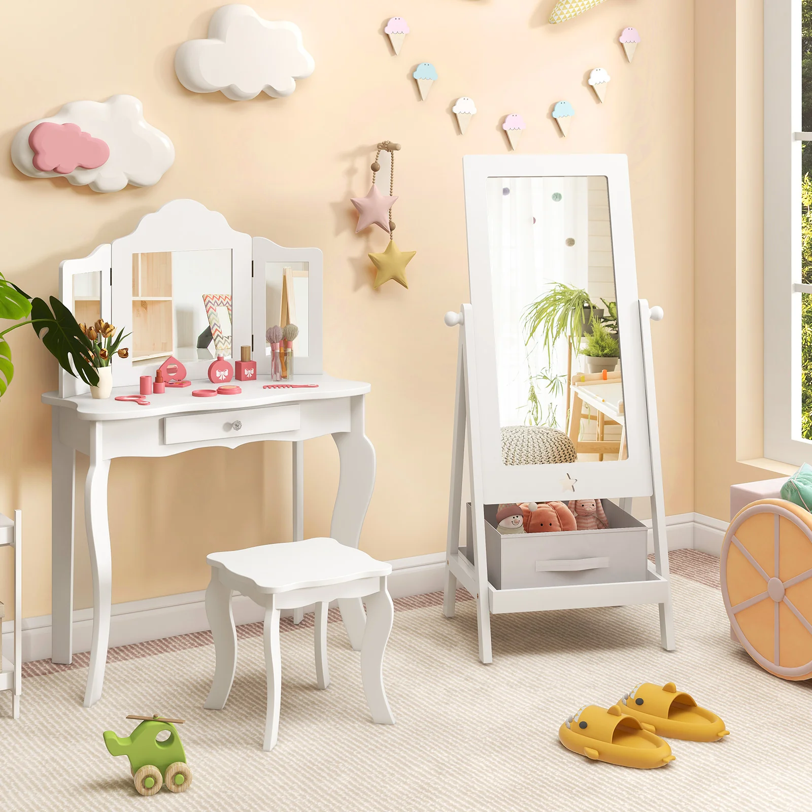 Kids Full Length Mirror, 360 Degree Rotatable, Storage Bin, White - Image 3