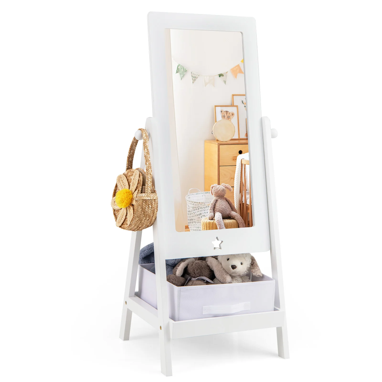 Kids Full Length Mirror, 360 Degree Rotatable, Storage Bin, White - Image 5